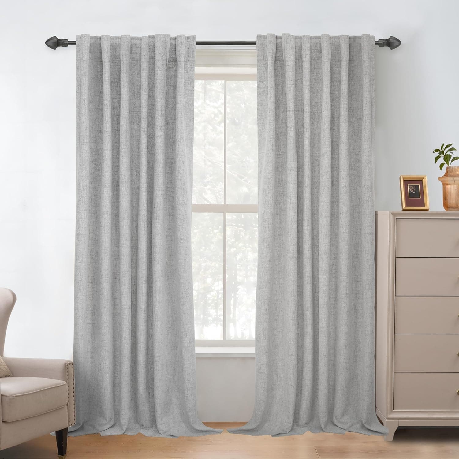 DriftAway 100% Blackout Linen Curtains for Bedroom 84 Inches Long Drape Farmhouse Thermal Insulated 3 Inch Rod Pocket Back Tab Full Light Blocking 2 Panels for Living Room Nursery