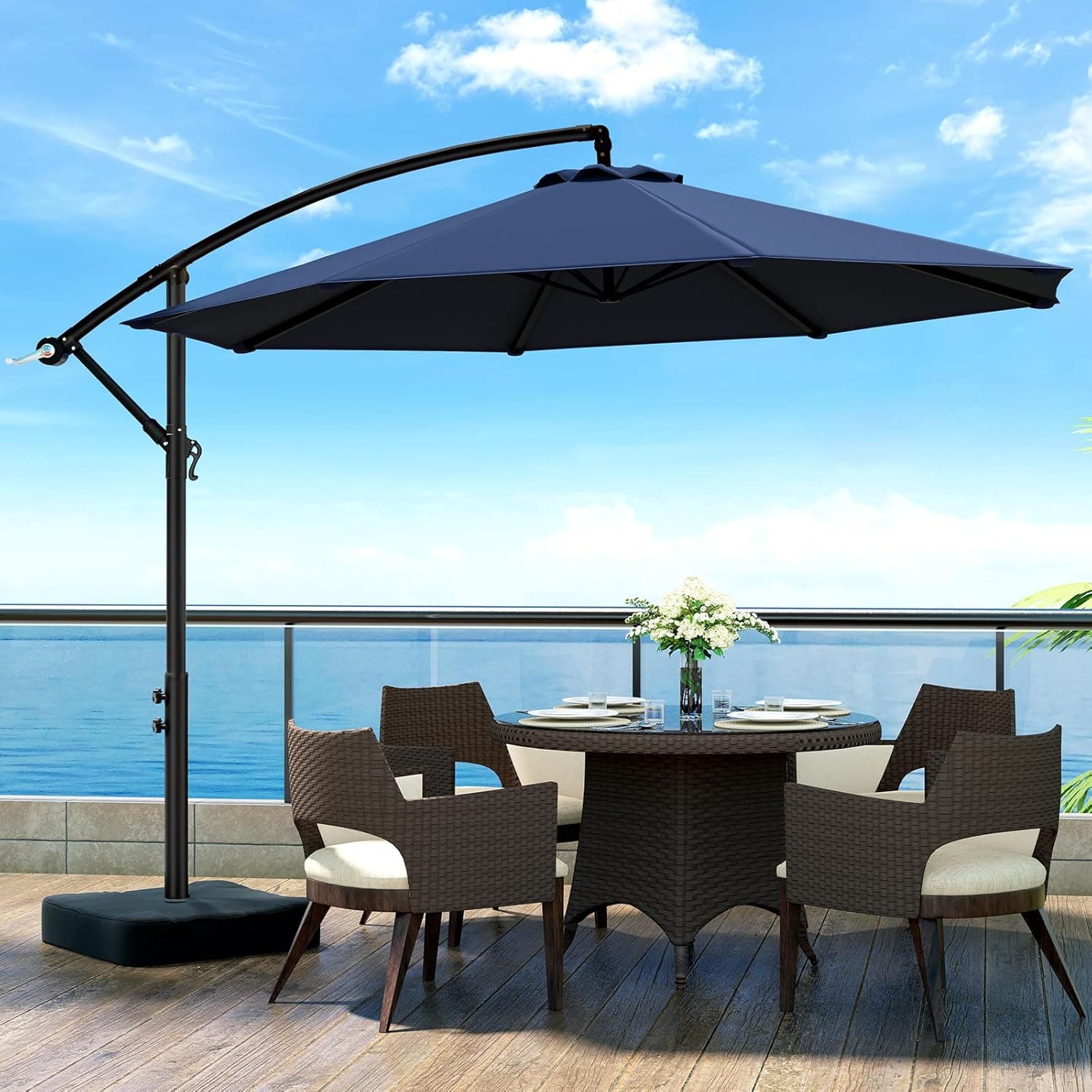 10ft Patio Umbrella with Base Included, Outdoor Offset Cantilever Umbrella w/Upgraded Yarn-dyed Fabric Shade, Sturdy 8 Rids, Easy Tilt Adjustment, for Pool Deck Porch Backyard Garden,Navy Blue