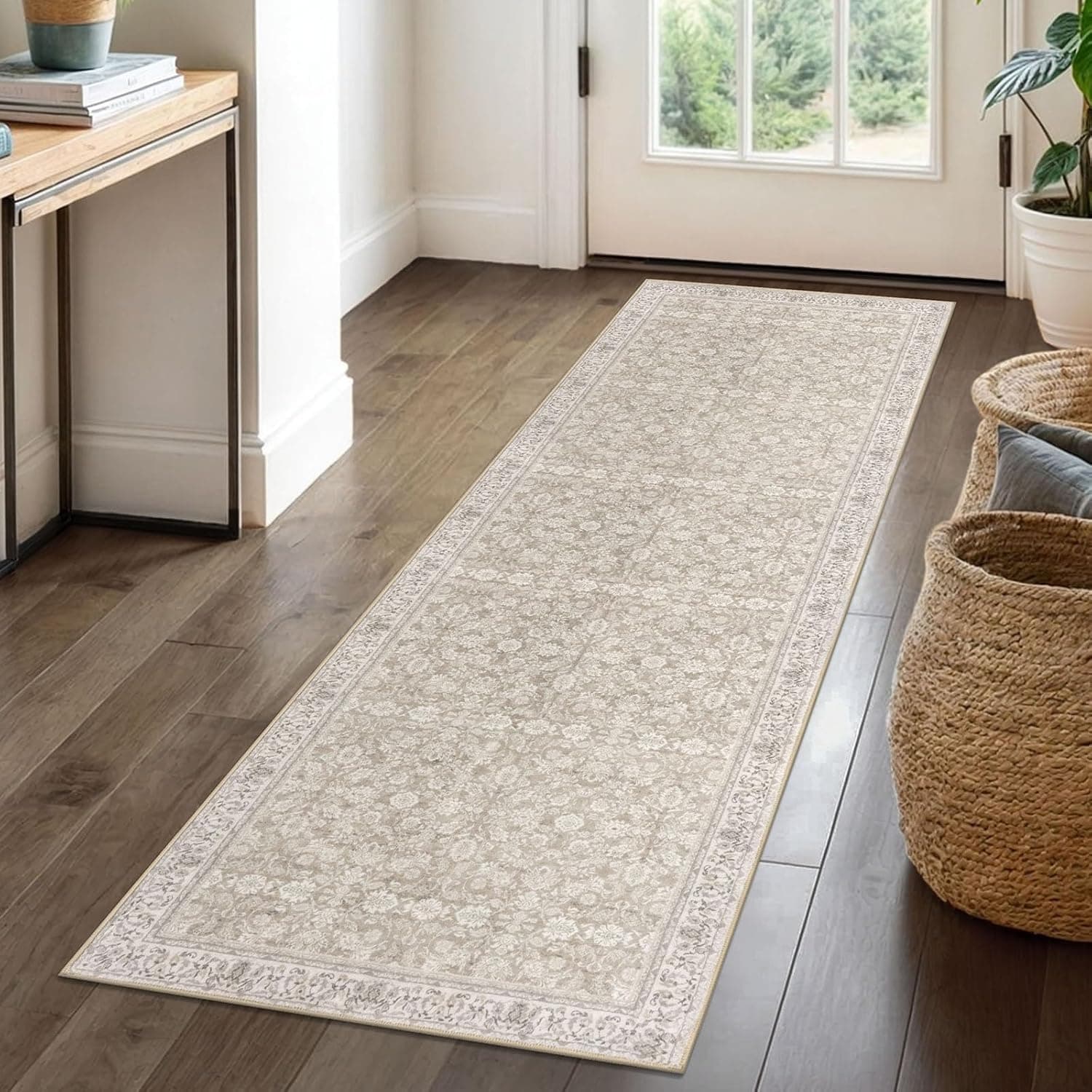 2x6 Cream Beige White Grey Washable Runner Rug for Hallways, Soft Neutral Vintage Kitchen Rugs with Non-Slip, Non-Shedding Distressed Floral Rug for Bedroom Kitchen Porch Laundry Entryway
