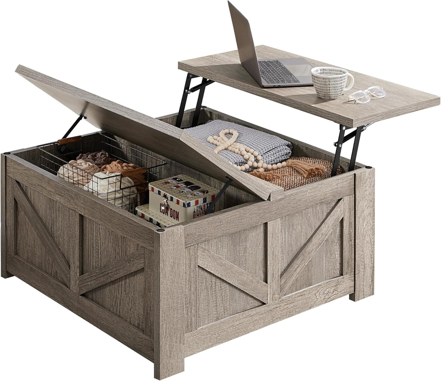 Yaheetech Lift Top Coffee Table, Square Farmhouse Coffee Table with Hidden Storage Compartment, Wood Center Table for Living Room, Home Office, Gray