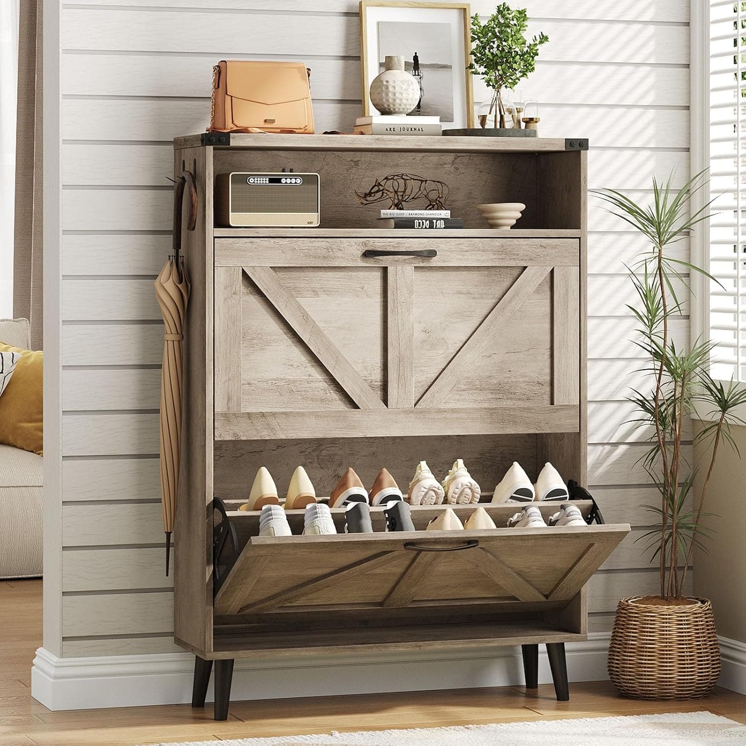 Vabches Shoe Storage Cabinet with 2 Flip Drawers,Freestanding Narrow Shoe Organizer with Open Storage,Hidden Slim Shoe Rack Cabinet for Entryway,Hallway,Grey