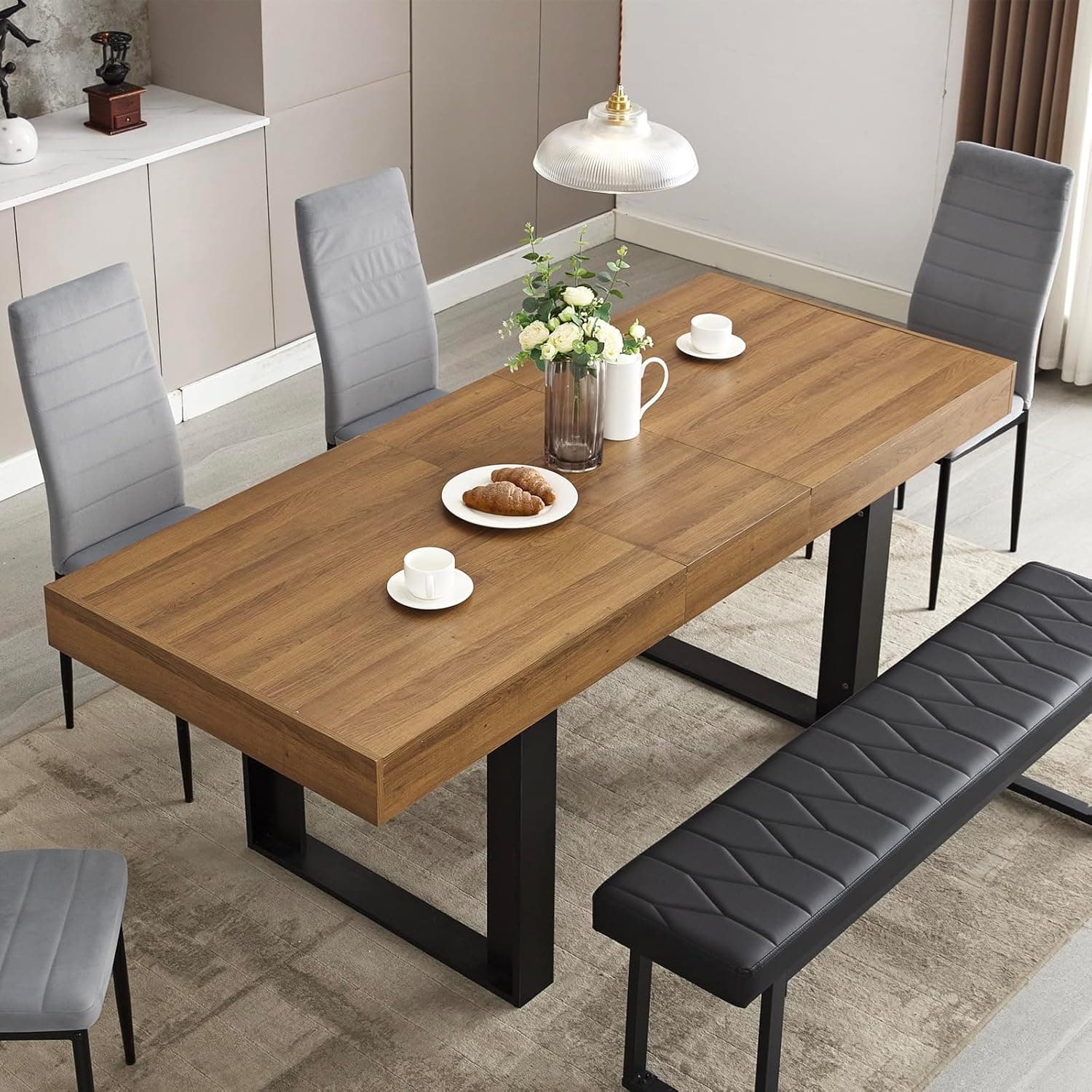 STHOUYN 63”-79” Extendable Dining Room Table, Modern Farmhouse Wooden Kitchen Table, Long Expandable Dining Table for 6 8 10, Large Expanding Table Conference Table (Walnut Brown) (Walnut Brown)