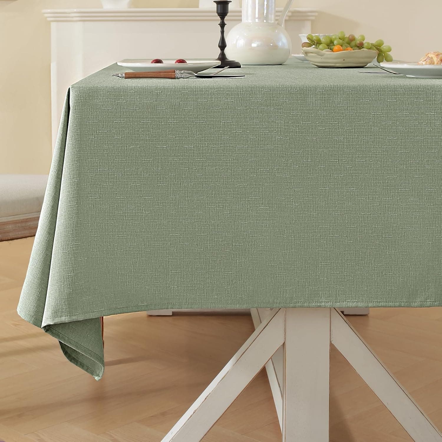 Laolitou Table Cloth Rectangle Linen Waterproof Textured Green Tablecloth, Washable Wrinkle Free Spill Proof Fabric Tablecloths for Dining Table Farmhouse Kitchen Holiday, 60x84 Inch