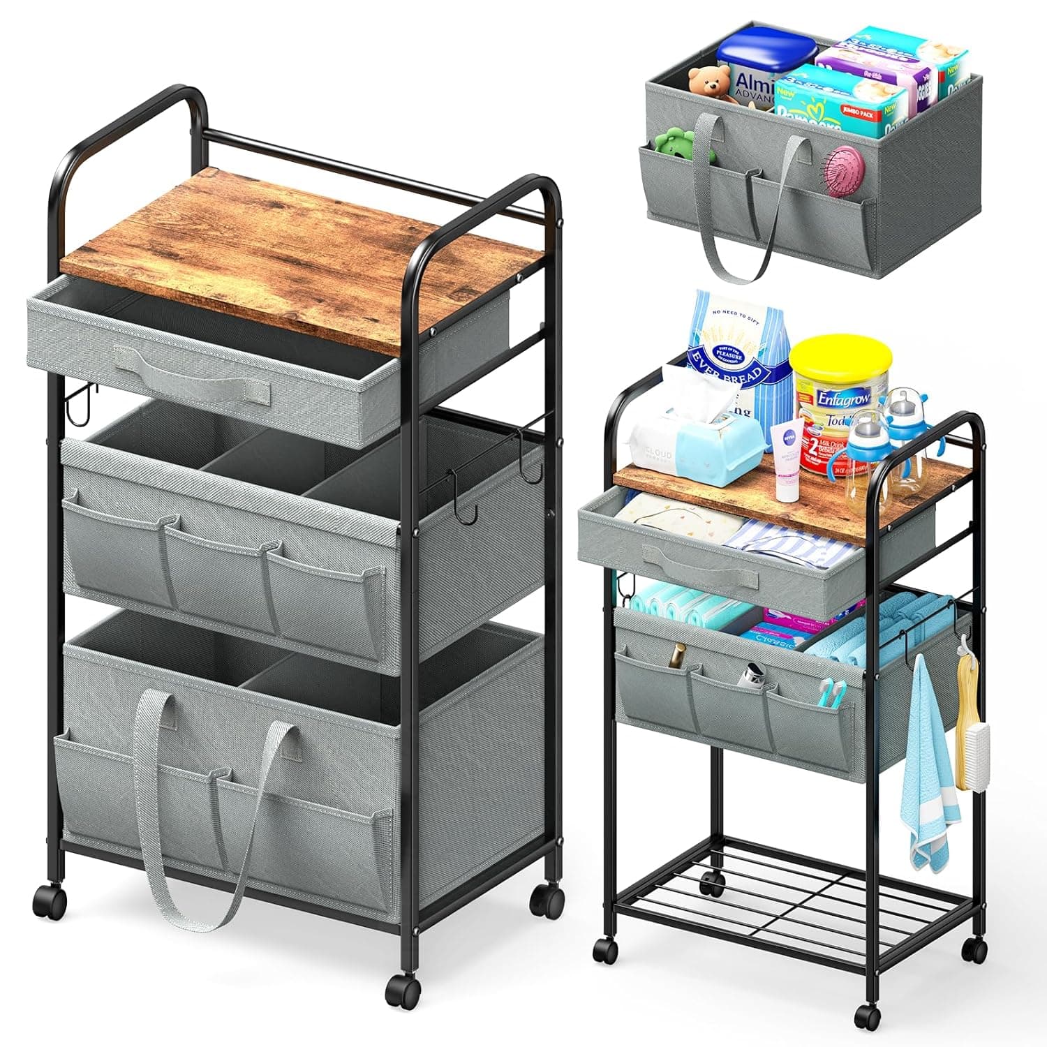 Baby Diaper Caddy Organizer Cart - 3 Tier Metal Rolling Utility Cart with Drawer & Removable Basket & Wheels - Bedside Diaper Cart for Baby Supplies Storage, Nursery, Bedroom, Bathroom