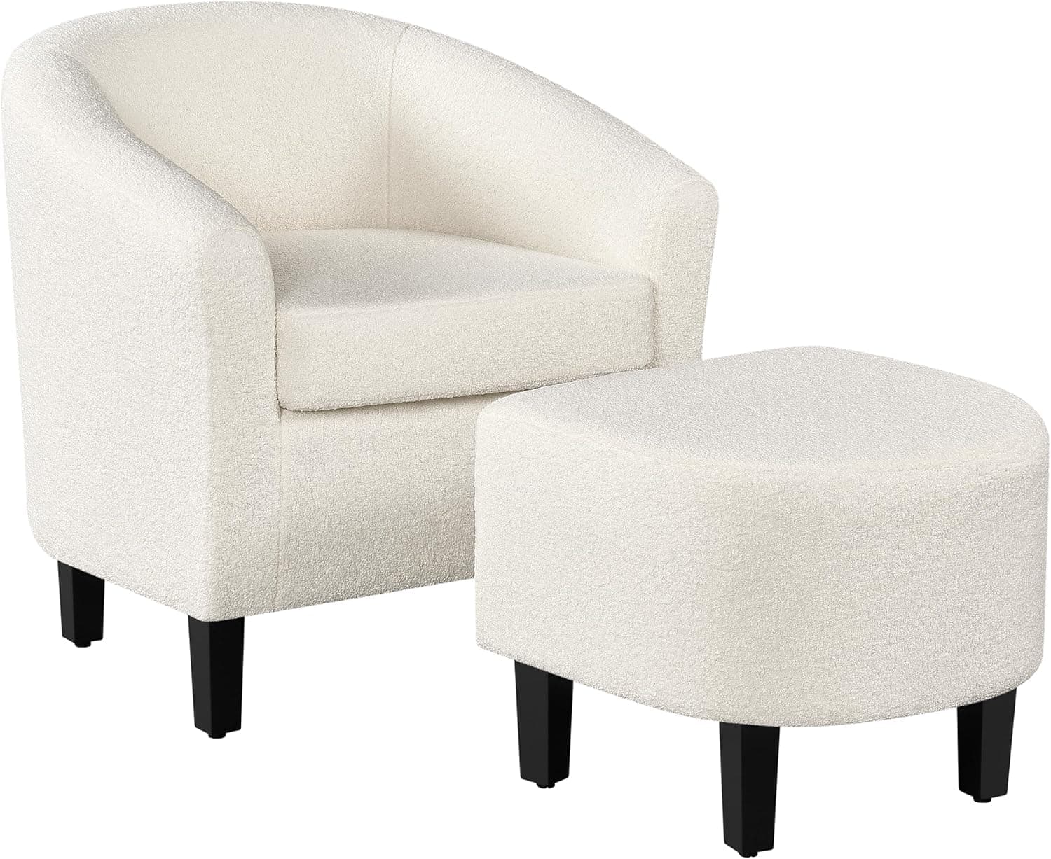 Yaheetech Accent Chair and Ottoman Set, Modern Fuzzy Sherpa Barrel Chair and Footrest, Comfy Boucle Armchair and Footstool for Living Room/Bedroom/Reading Room/Guestroom, Ivory