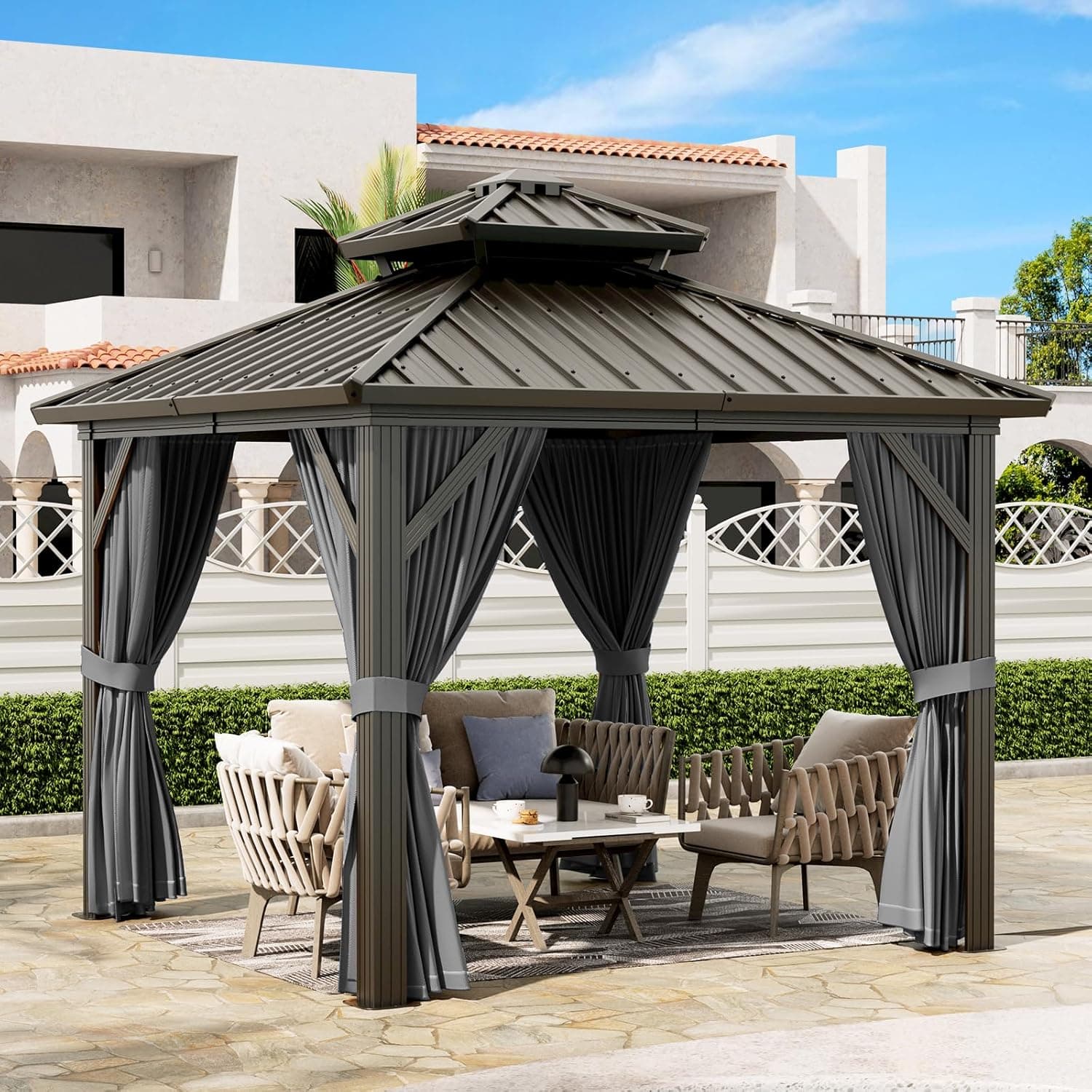 Outdoor Gazebos Canopy 10 x 10 FT Permanent with High Strength Aluminum Frame, Iron Double-Roof, Pavilion with Curtain and Netting for Patio, Lawn, Deck, Garden