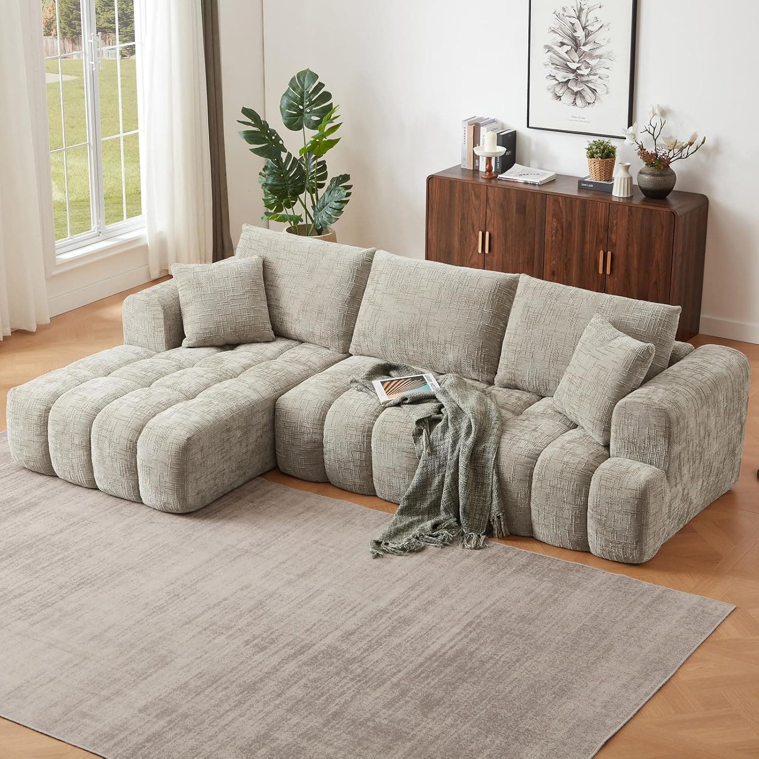 Luxury 108" L Shape Boneless Couches for Living Room, Chenille Modular Sectional Cloud Sofa Couch W/Deep Seat & Pillows, Memory Foam Couch W/Oversized Chaise (Khaki, Left Facing Chaise)