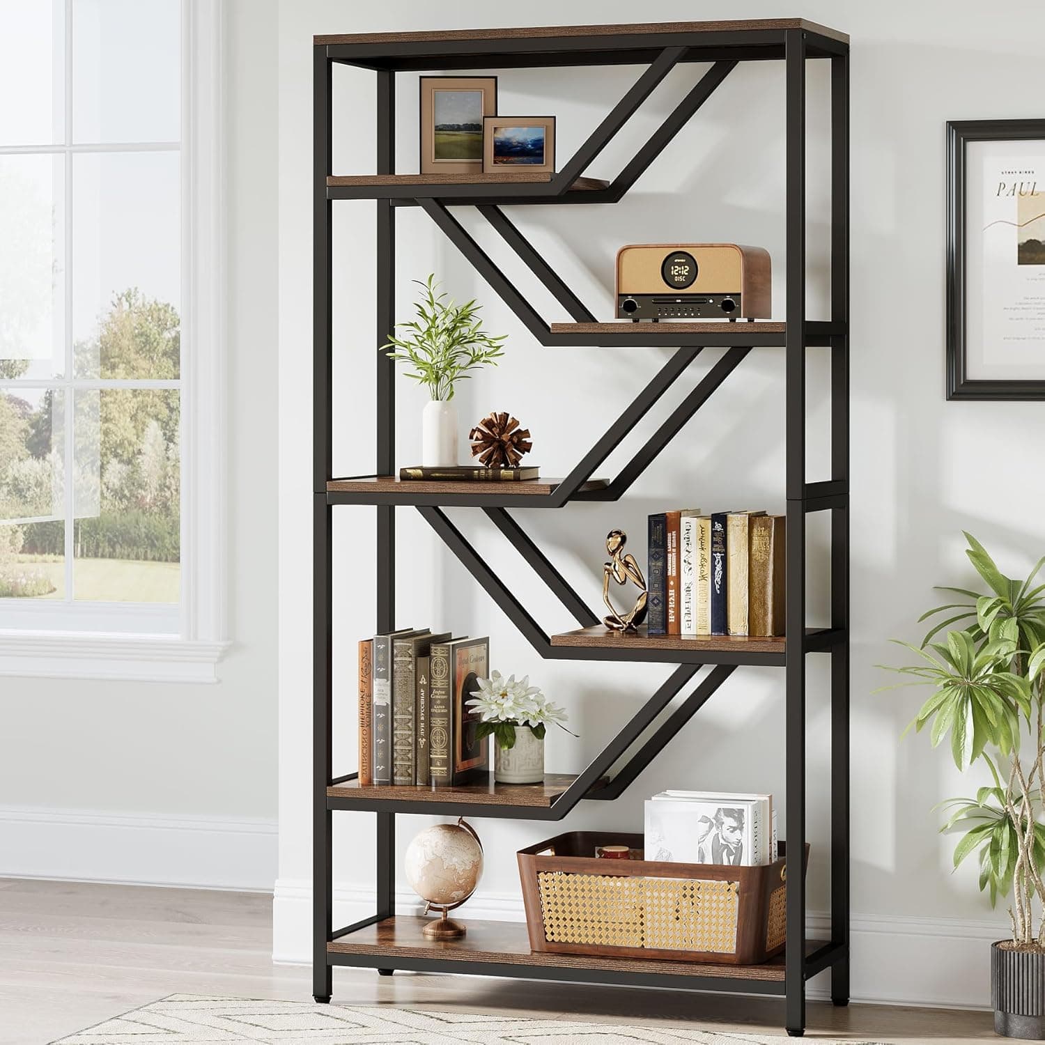 Tribesigns 6-Tier Bookshelf, 72-Inch Tall Industrial Open Storage Organizer, Freestanding Wood Display Rack with Metal Frame for Living Room, Bedroom, Home Office, Rustic Brown and Black