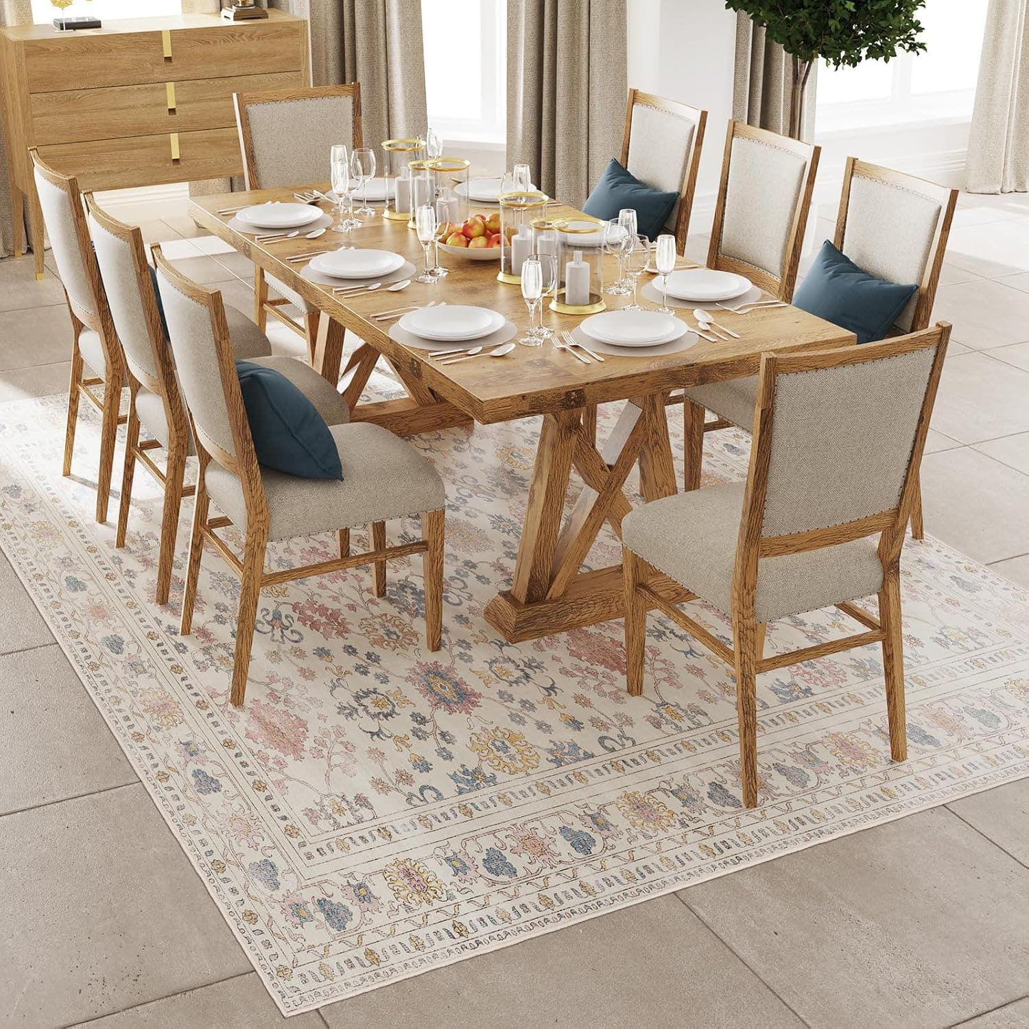 6x9 Washable Area Rug, Low Pile Faux Wool Carpet for Living Room, Bedroom, Dining Room, Vintage Flower Design, Non-Shedding Low-Pile Rug in Beige for High-Traffic Areas with Non-Slip Rubber Back