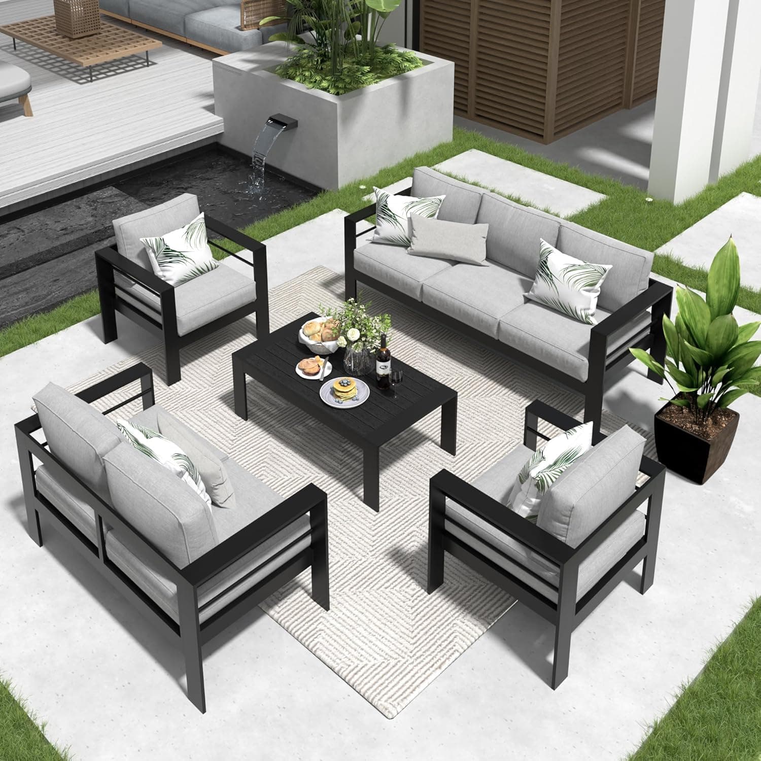 Solaste Aluminum Patio Furniture Set,7 Seats Modern Outdoor Conversation Set Sectional Sofa with Upgrade Cushion and Coffee Table,Black Frame and Grey Cushion