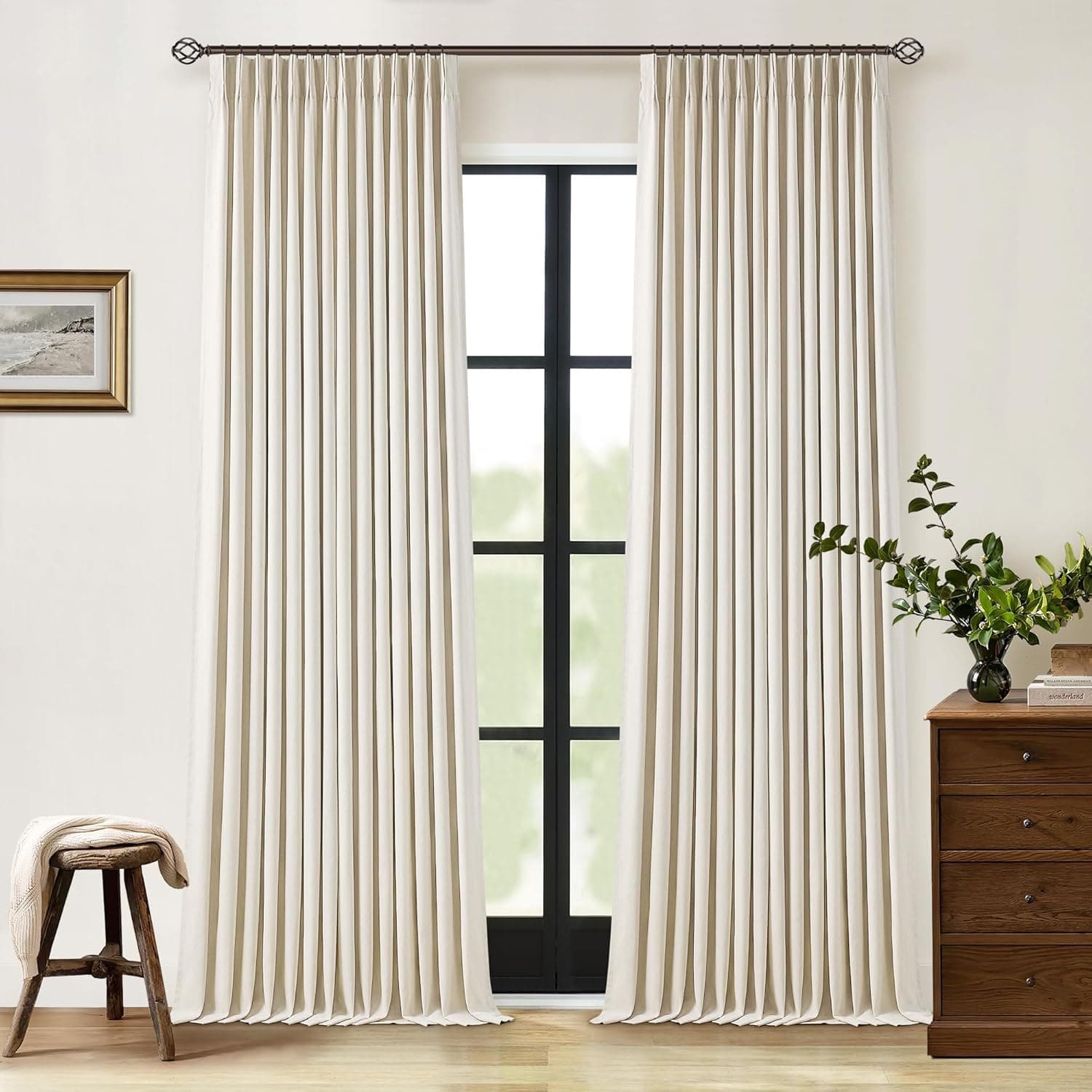 Pleated Blackout Linen Curtains 108 Inches Long for Living Room Patio Sliding Door Pinch Pleat Rings Hooks Back Tab 100% Black Out Bedroom Beige Curtains Boho Modern Window Panels Set of 2