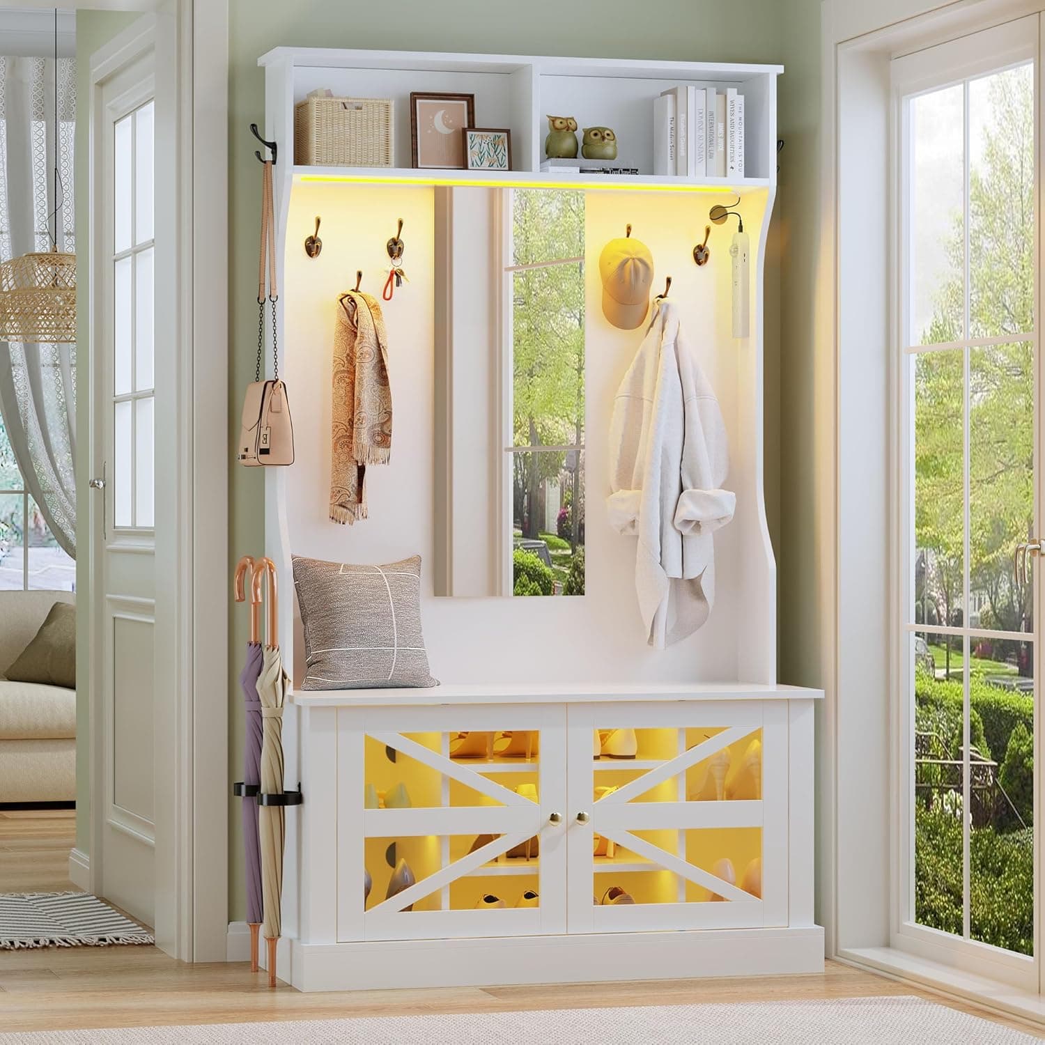 Hall Tree with Bench and Shoe Storage, 7-in-1 Entryway Storage Bench, Shoe Rack with 6 Coat Hooks, 7 Shoe Cubbies & Mirror & Sensor Light & Umbrella Holders, Adjustable Shelf, White