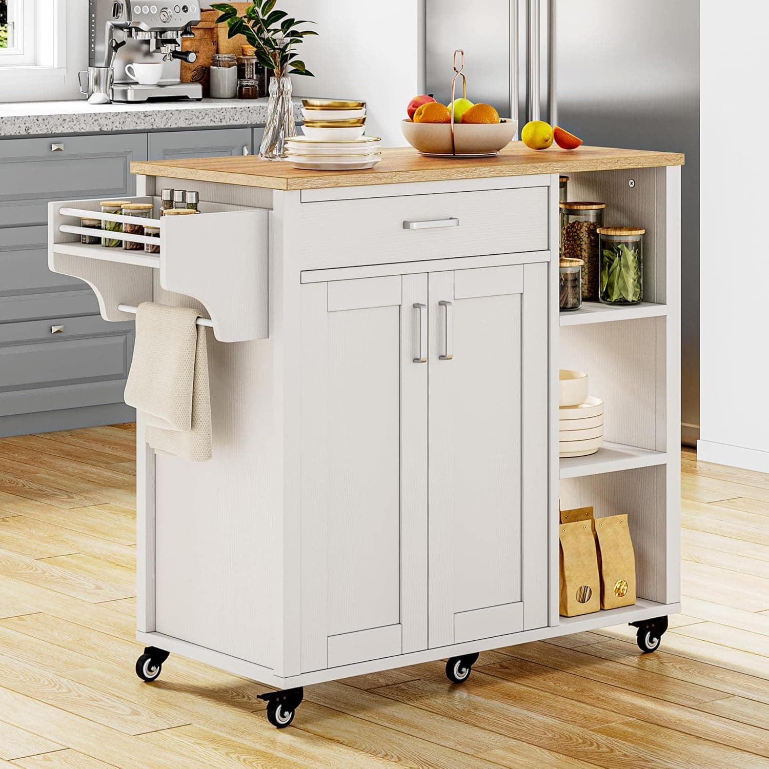 YITAHOME 37" Rolling Kitchen Island Cart with Storage, Butcher Block Island on Wheels, Mobile Kitchen Storage Carts with Shelves & Spice Rack, White
