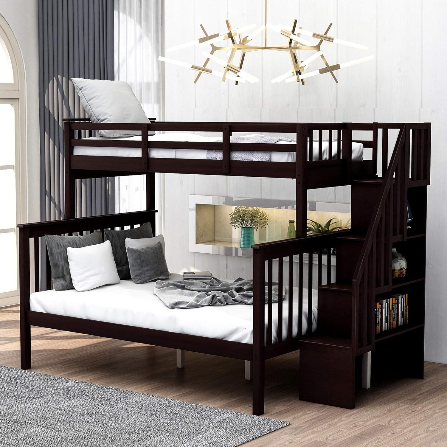 Ball & Cast Twin Over Full Bunk Bed with Storage Ladder and Full-Length Guardrails,Wooden Bunkbed w/Slat Support & into Two Individual Beds,Bedframe Furniture for Student Dorms,Guest Rooms,Espresso