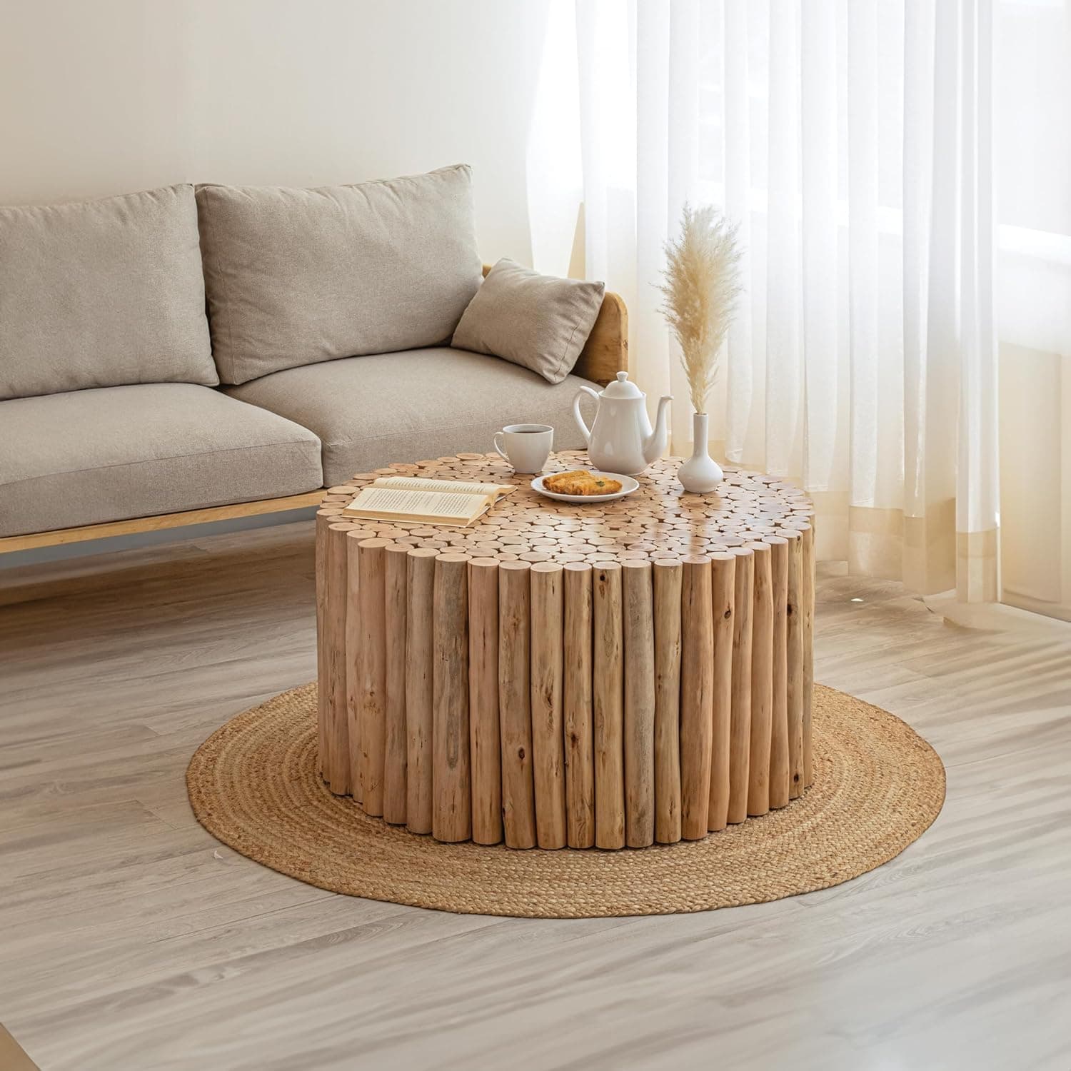 Round Coffee Table, 32" Natural Wood Unique Tree Stump Shaped Design Circular Center Table for Living Room, Apartment, Office, Oak