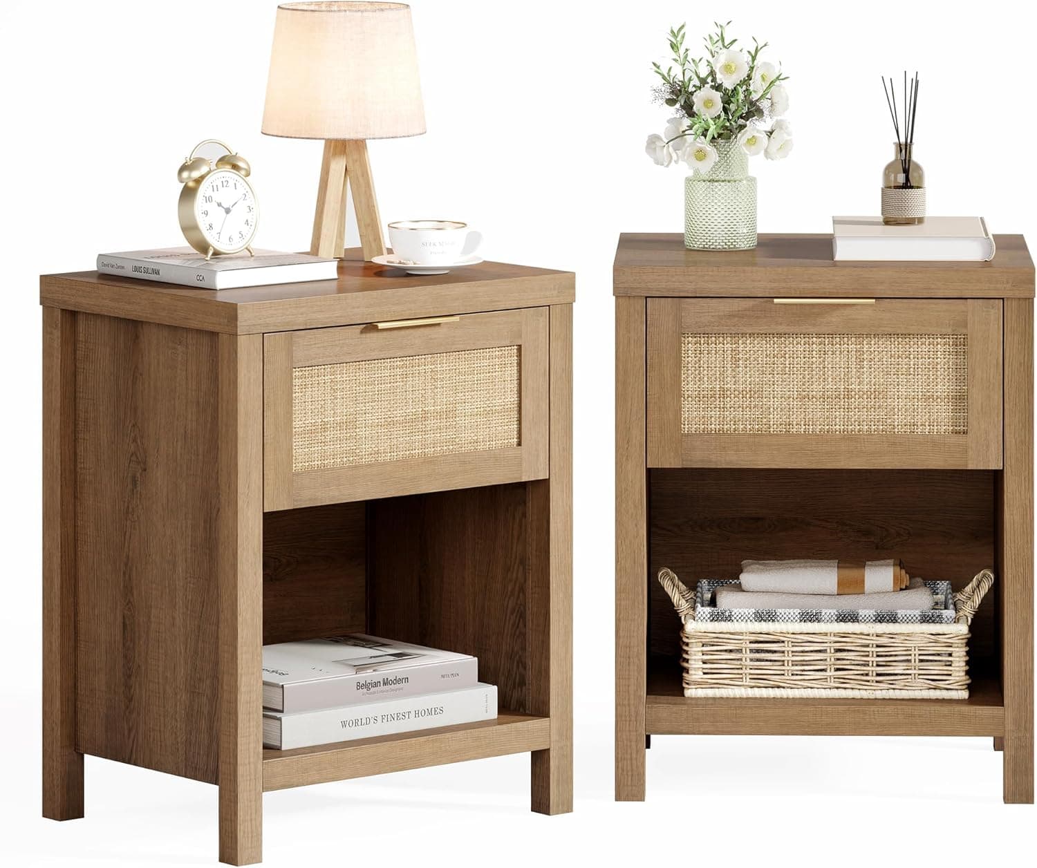 Rattan Nightstand Set 2: Boho End Table with Drawer and Storage Shelf, Farmhouse Cane Accent Bedside Night Stands for Bedroom Small Space Sofa (2, Caramel Oak)