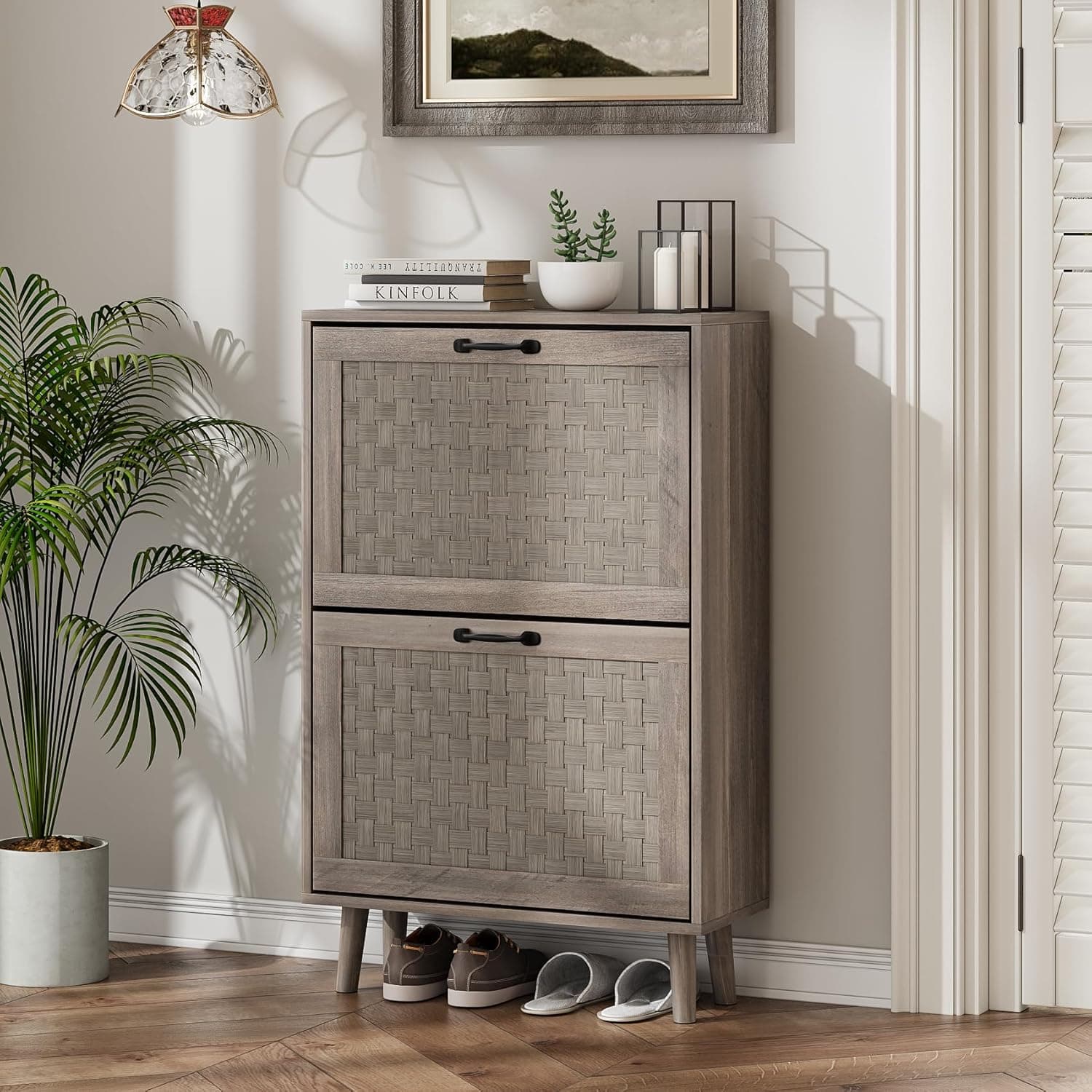 Shoe Storage Cabinet with Handmade Rattan Drawers, Freestanding Shoe Organizer Cabinet with Solid Wood Legs, Narrow Shoe Cabinet Storage for Entryway, Rustic Slim Shoe Rack Cabinet (Grey)
