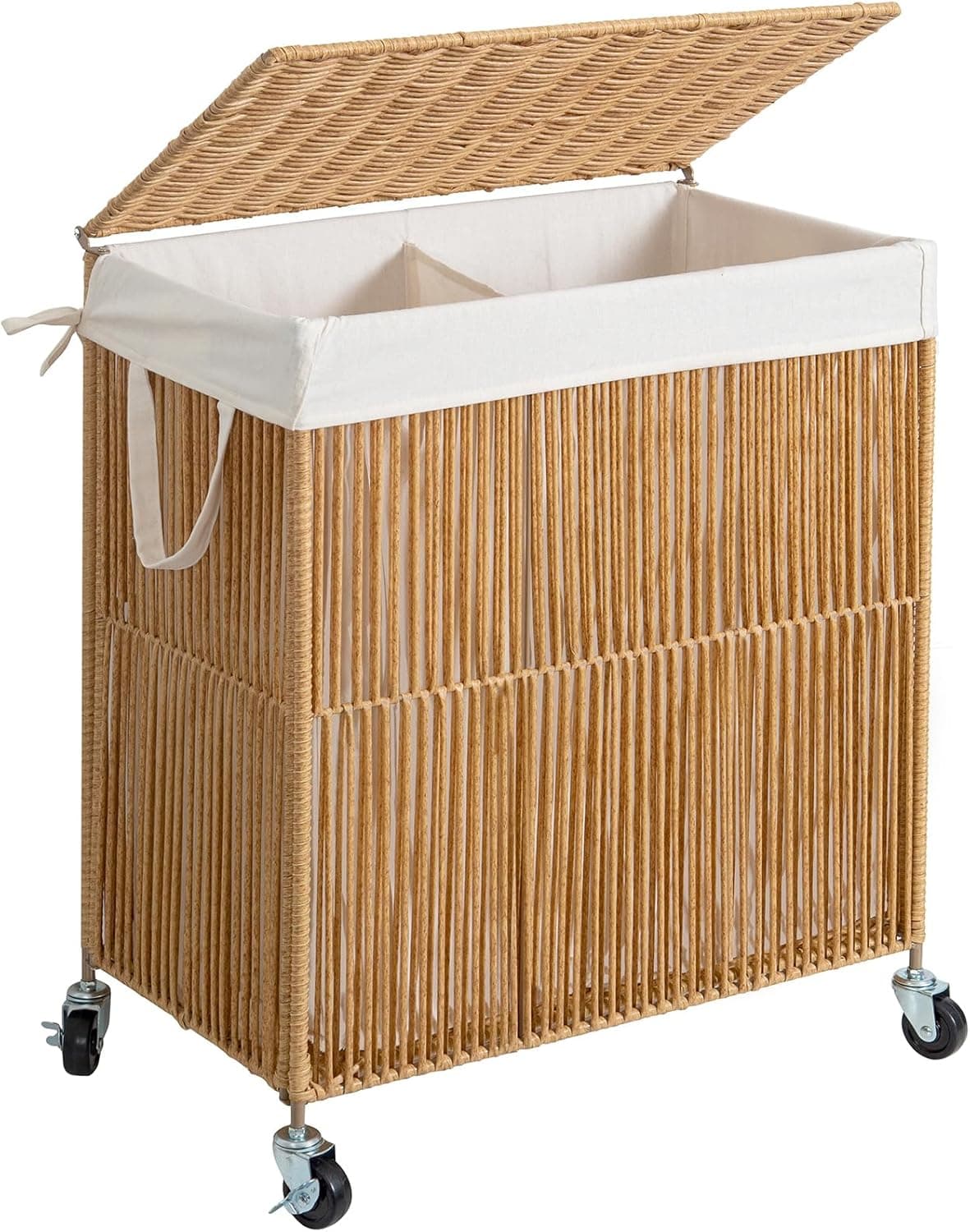 WOWLIVE Laundry Hamper with Wheels, Handwoven Rolling Laundry Basket with Lid, Clothes Hamper with Divided Removable Liner Bag, 115L Large Capacity Laundry Sorter Laundry Room Organization, Natural