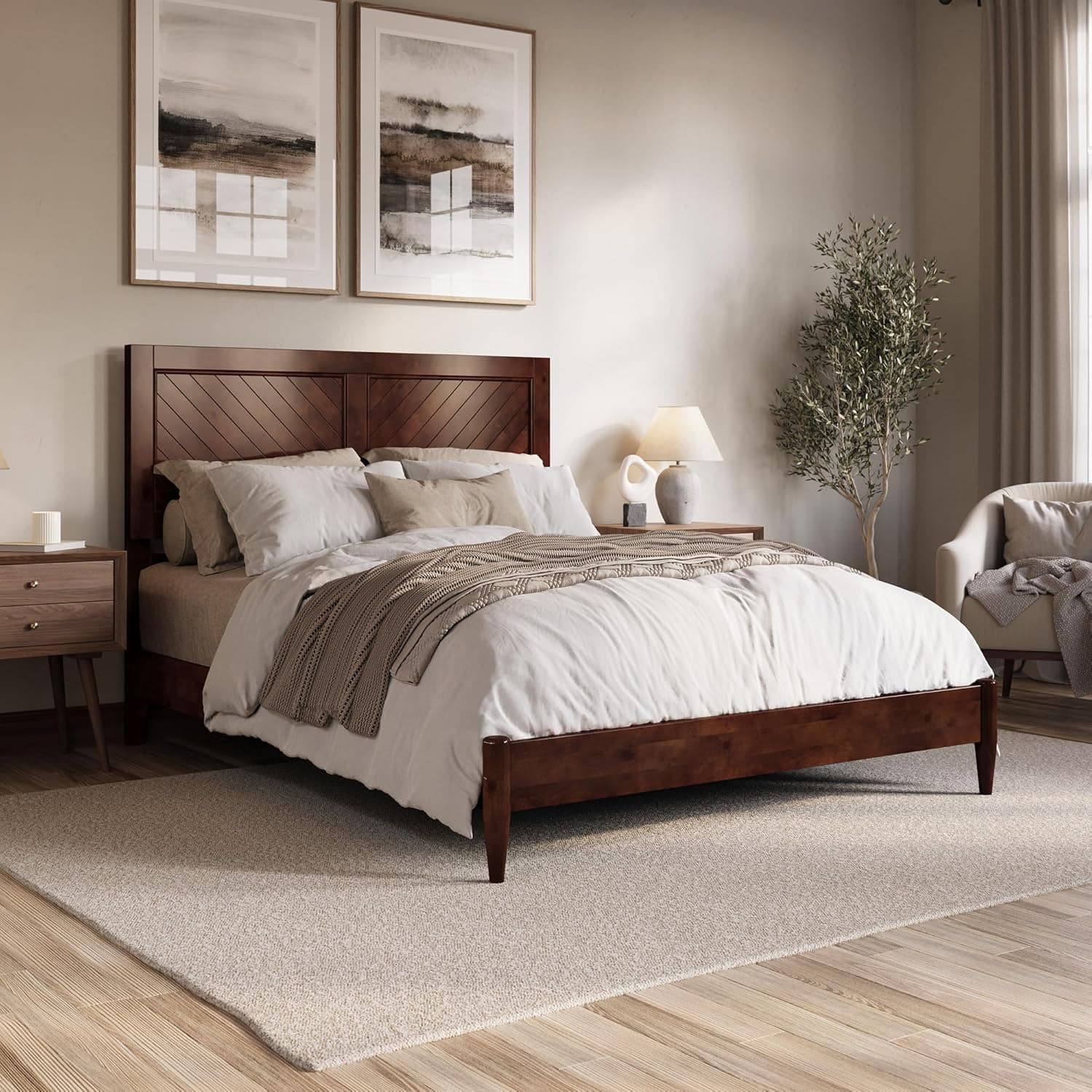AFI, Berkshire Queen Solid Wood Low Profile Platform Bed, Walnut