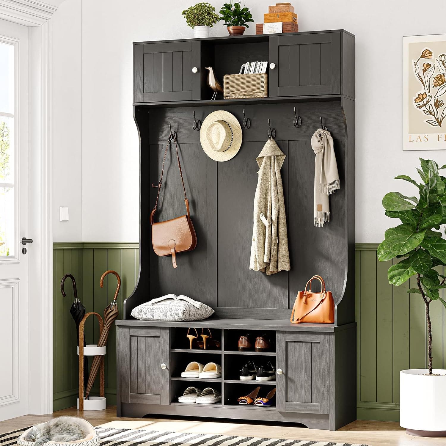 78.7" Hall Tree with Bench and Shoe Storage, Entryway Bench with Coat Rack, 10 Shoe Cubbies with Adjustable Shelves & 7 Coat Hooks for Hallway, Entryway, Black