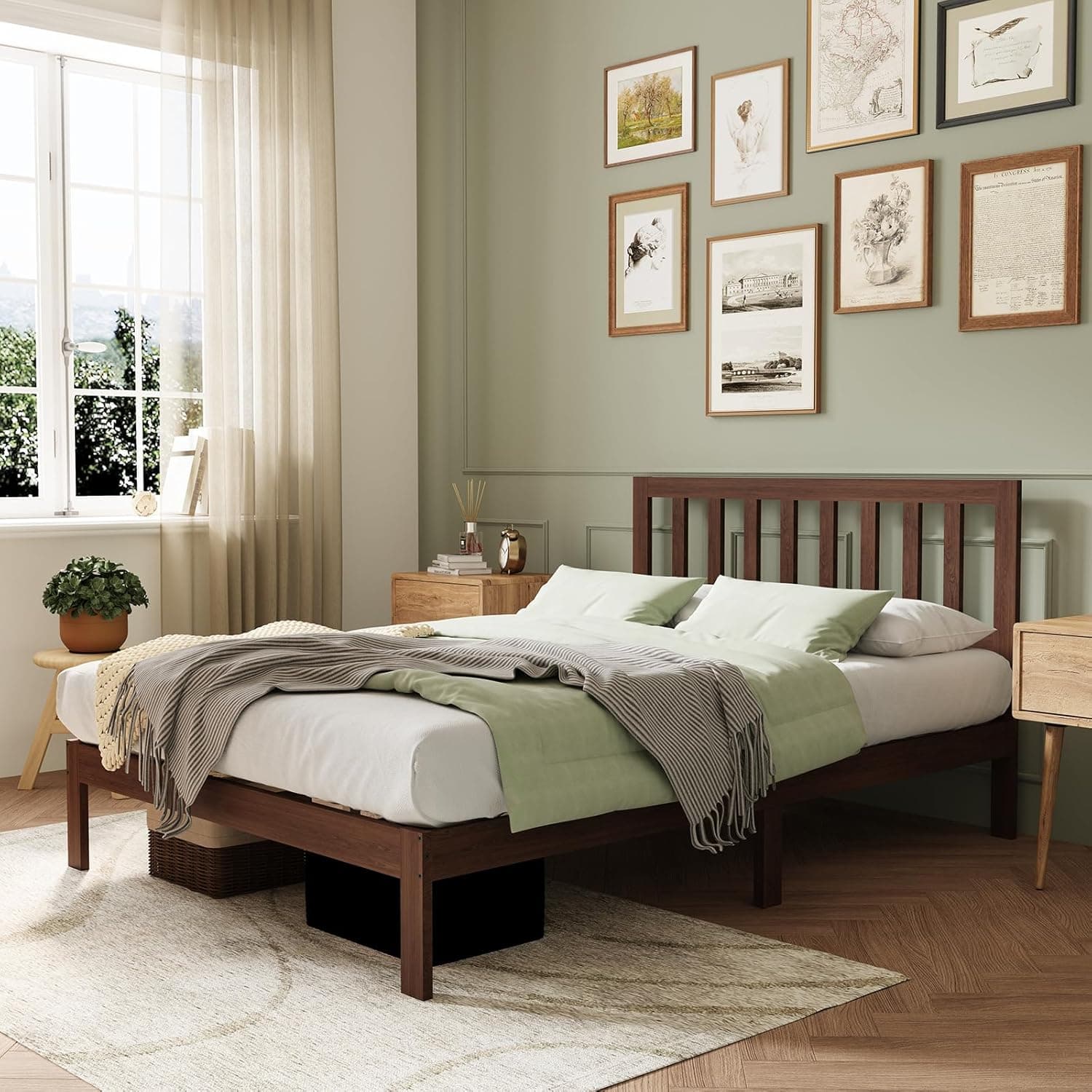 Novilla 12 Inch Queen Bed Frame with Headboard, Queen BedFrame with Classic Headboard Solid Wooden Bed Frame Queen Size with Wood Slat Support, No Box Spring Needed, Easy Assembly, Walnut