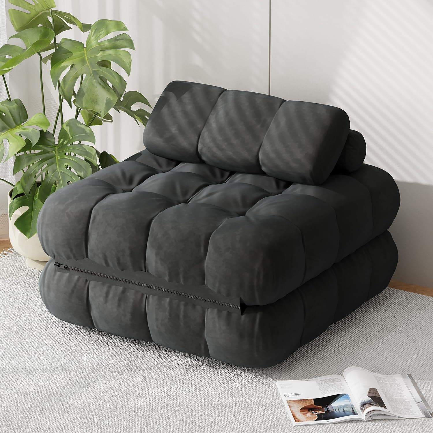 Folding Futon Sofa Bed, Single Size Convertible Sleeper Chair Bed with Pillow, Comfy Foldable Floor Mattress, Portable Fold Out Lounge Couch for Living Room Bedroom - Black