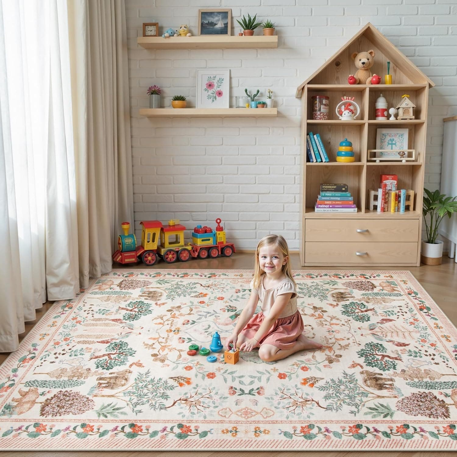 Lahome Nursery Rug Girl Soft Washable Rugs 5x7, Floral Non Slip Low Pile Beige Rugs for Living Room Bedroom,Large Throw Carpet for Farmhouse Dining Room Playroom