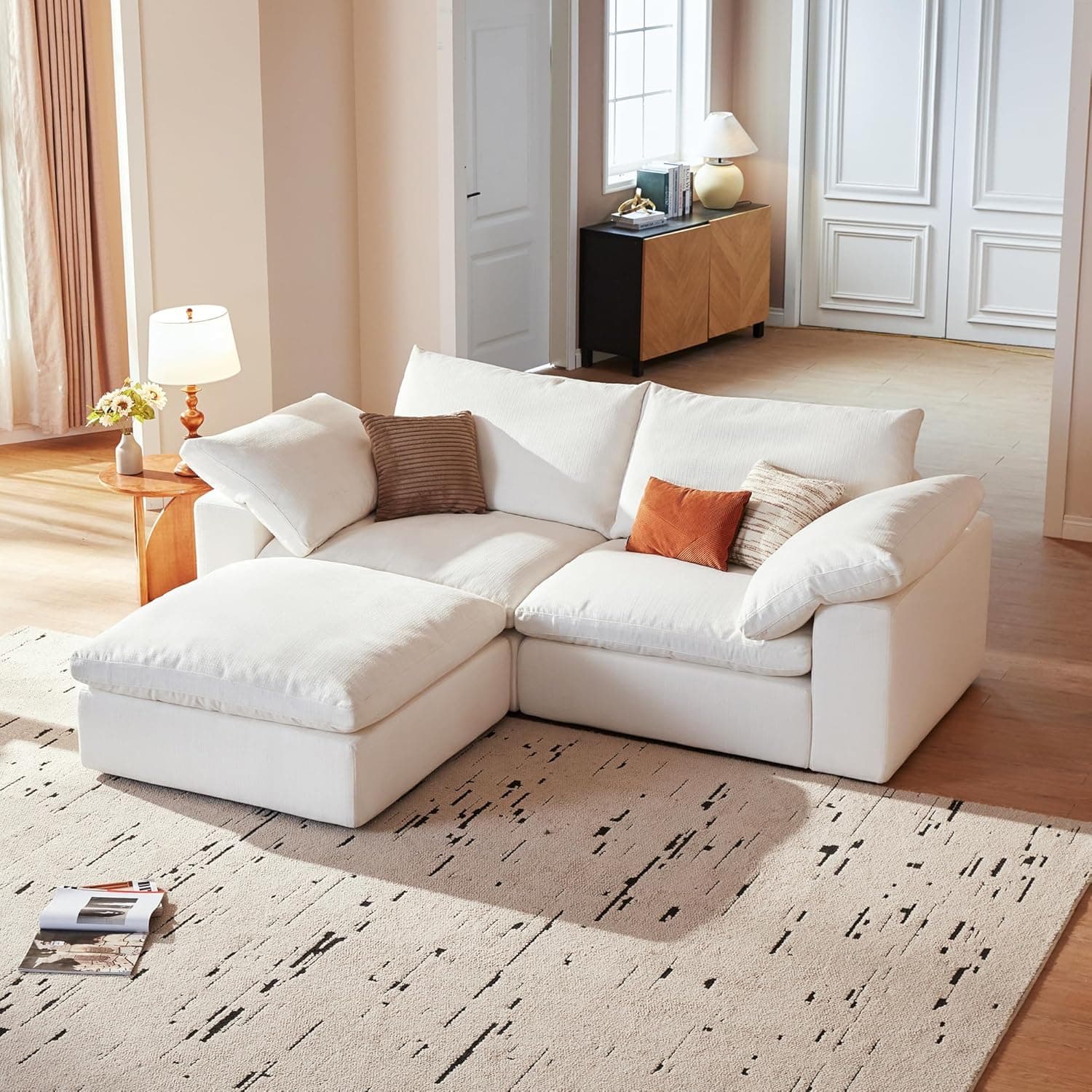 Modular Cloud Sofa, 78.7" Cloud Sectional Couches with Deep Seat，Oversized Loveseat Sofa with Ottoman for Living Room, Modern Comfy Couch with Washable Cover, Wide Armrest (White,1 Ottoman)