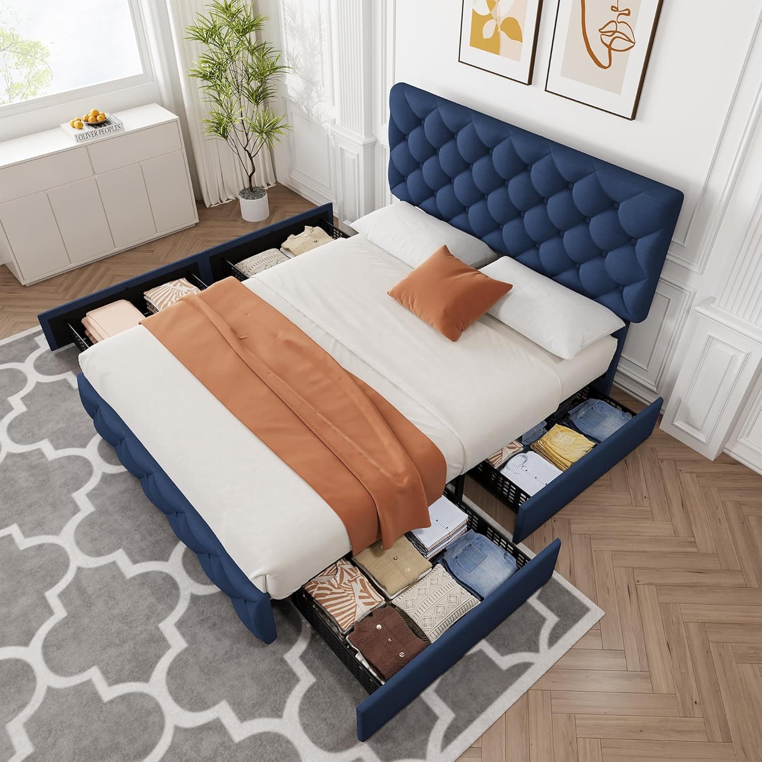 GAOMON Full Size Bed Frame with 4 Storage Drawers, Linen Upholstered Platform Bed Frame with Headboard and Footboard, Wooden Slats Support, Diamond Stitched Button Tufted, No Box Spring Needed, Blue