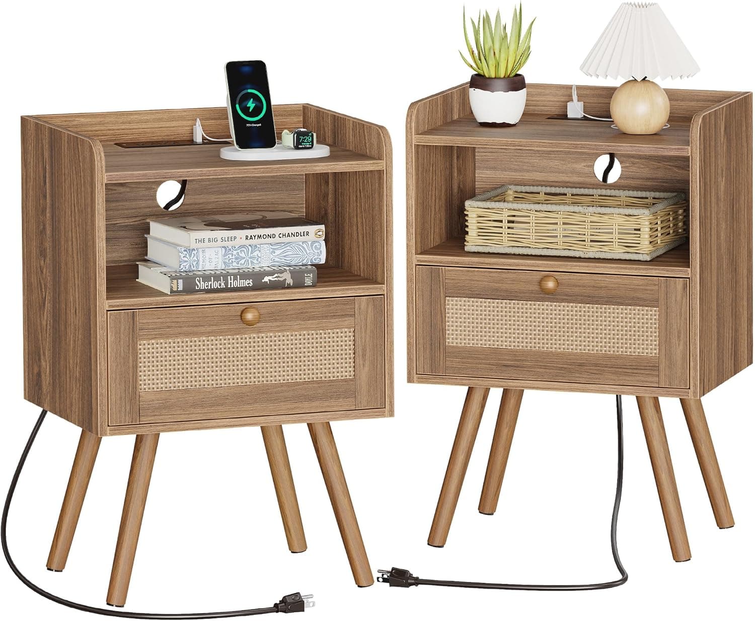 SUPERJARE Nightstands Set of 2, Night Stands with Charging Station & PE Rattan Decor Drawer, Bed Side Tables with Solid Wood Feet, End Table, for Bedroom, Living Room, Walnut