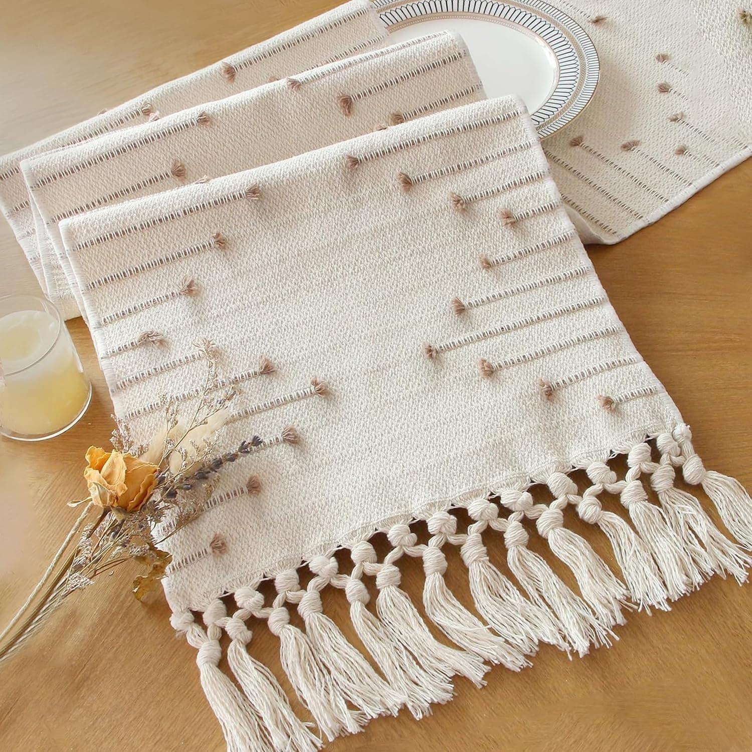 FEXIA Boho Table Runner with Tassels 72 Inches Long for Home Decor Room Decor Farmhouse Rusitic Macrame Table Runners for Dining Bedroom Bridal Shower(12x72 Inches)