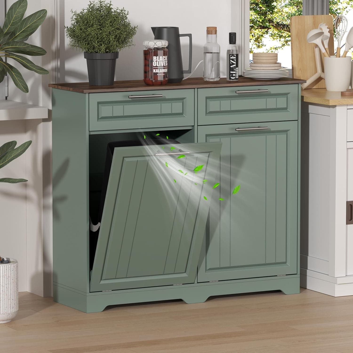 Double 10 Gallon Tilt Out Trash Can Cabinet with Deodorizing Function and Power Outlet, Wooden Hidden Garbage Can Holder with 2 Storage Drawers for Kitchen, Laundry Hamper Cabinet for Bathroom, Green