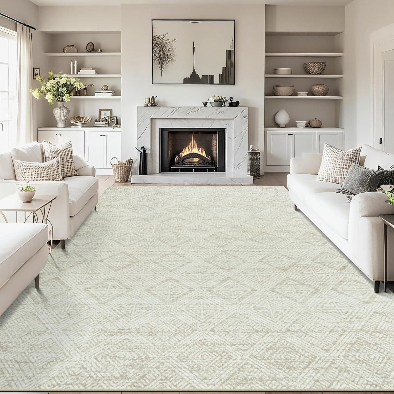 5x7 Area Rug for Living Room: Washable Rug Non-Slip Modern Abstract Living Room Rug Soft Thin Carpets Indoor Floor Non-Shedding Carpet for Bedroom Dining Farmhouse Home Office Off-White Light Brown