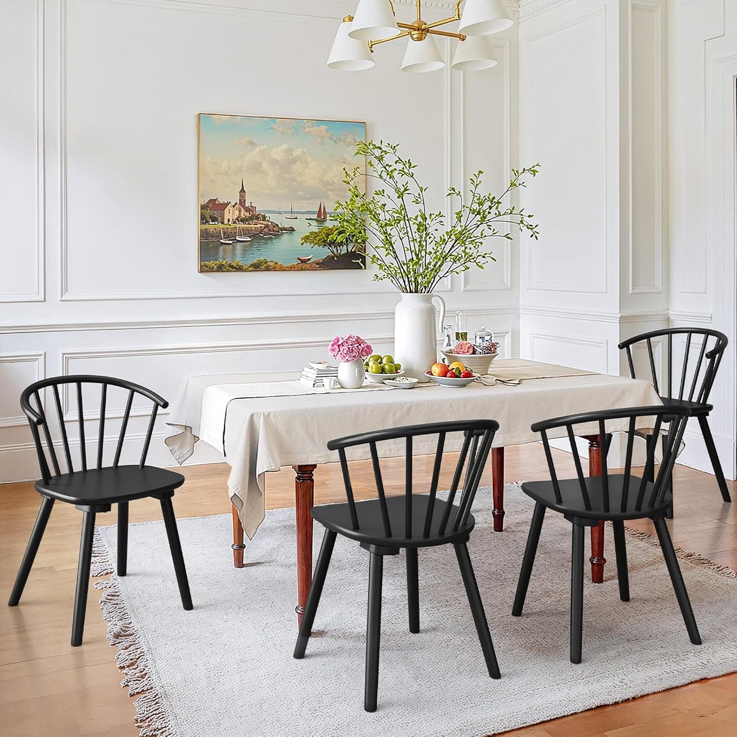 LUE BONA Black Dining Chairs Set of 4, Farmhouse Wood Dining Chairs with Semicircular Backrest, Spindle Dining Chair for Kitchen and Dining Room, 18 Inch