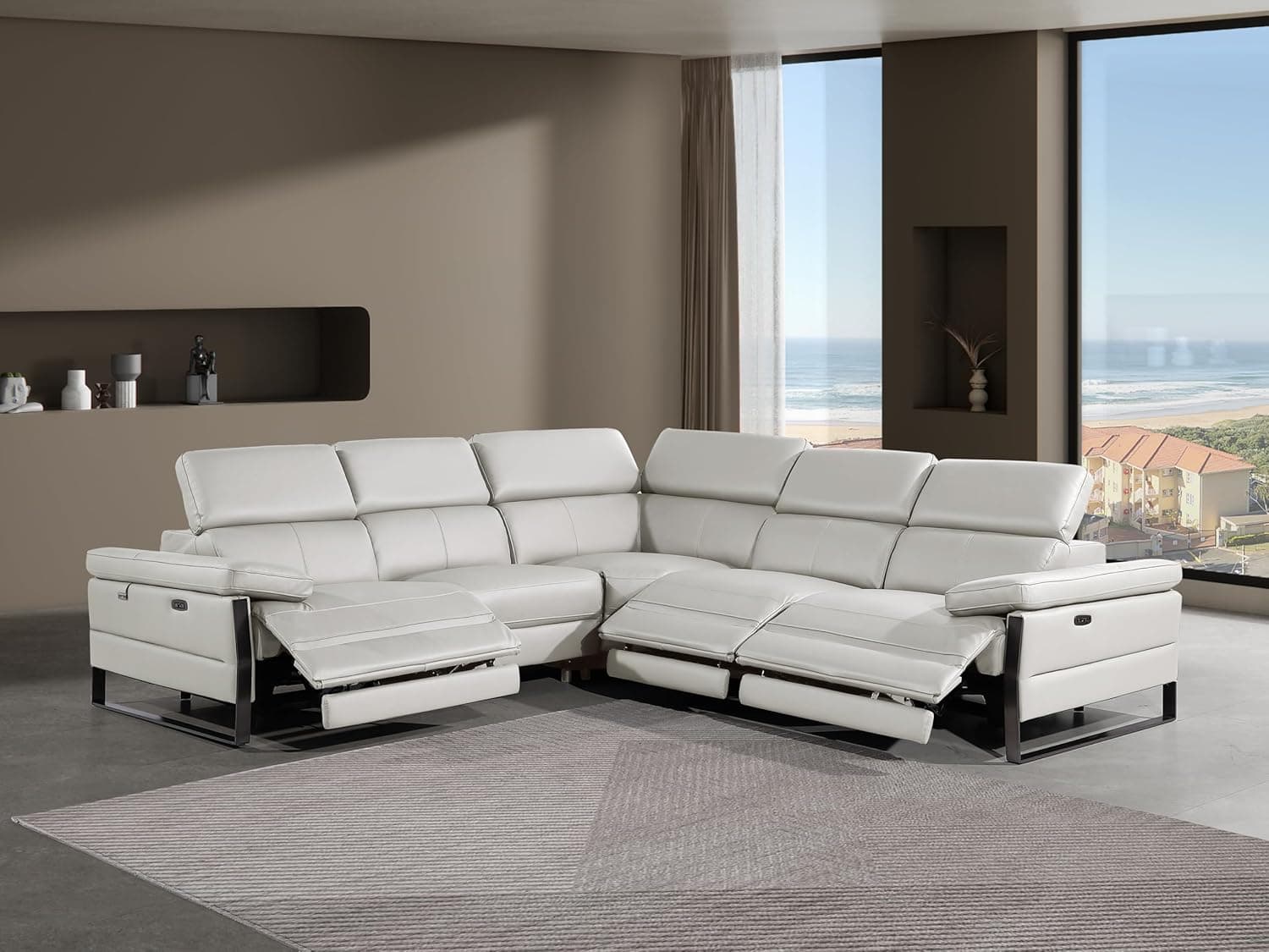 BlackJack Furniture Antonio 5 Piece L Shaped Power Reclining Sectional Sofa, Modular Couch with Top Grain Italian Leather and Pillow Wide Armrests, 3 Electric Recliners & Headrests, Light Grey