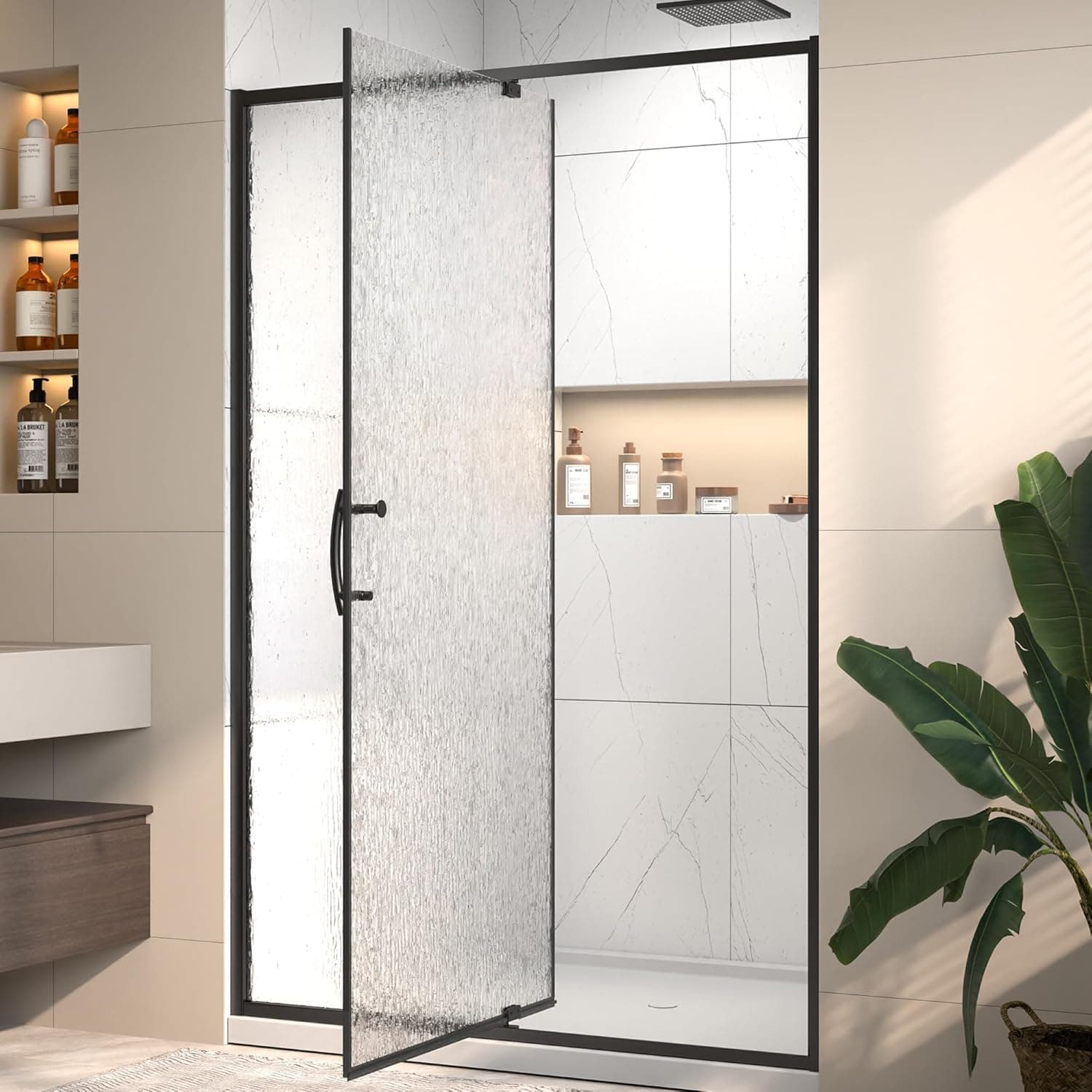 44-48" W x 71" H Pivot Glass Shower Door,1/4"(6mm) Thick SGCC Tempered Rain Glass,Matte Black Shower Door Adjustable Width,Reversible Installation