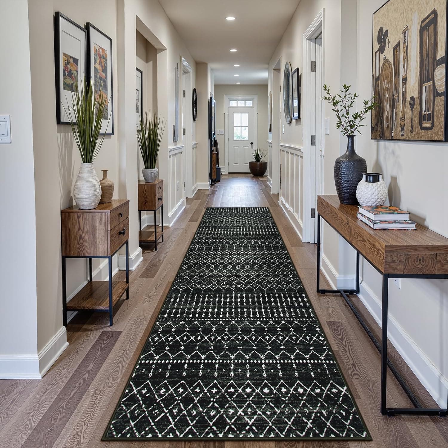 Beeiva Moroccan Hallway Runner Rug 2x10, Washable Non-Slip Low-Pile Runners for Hallways, Geometric Printed Long Carpet Rug for Kitchen, Laundry, Entryway - Black