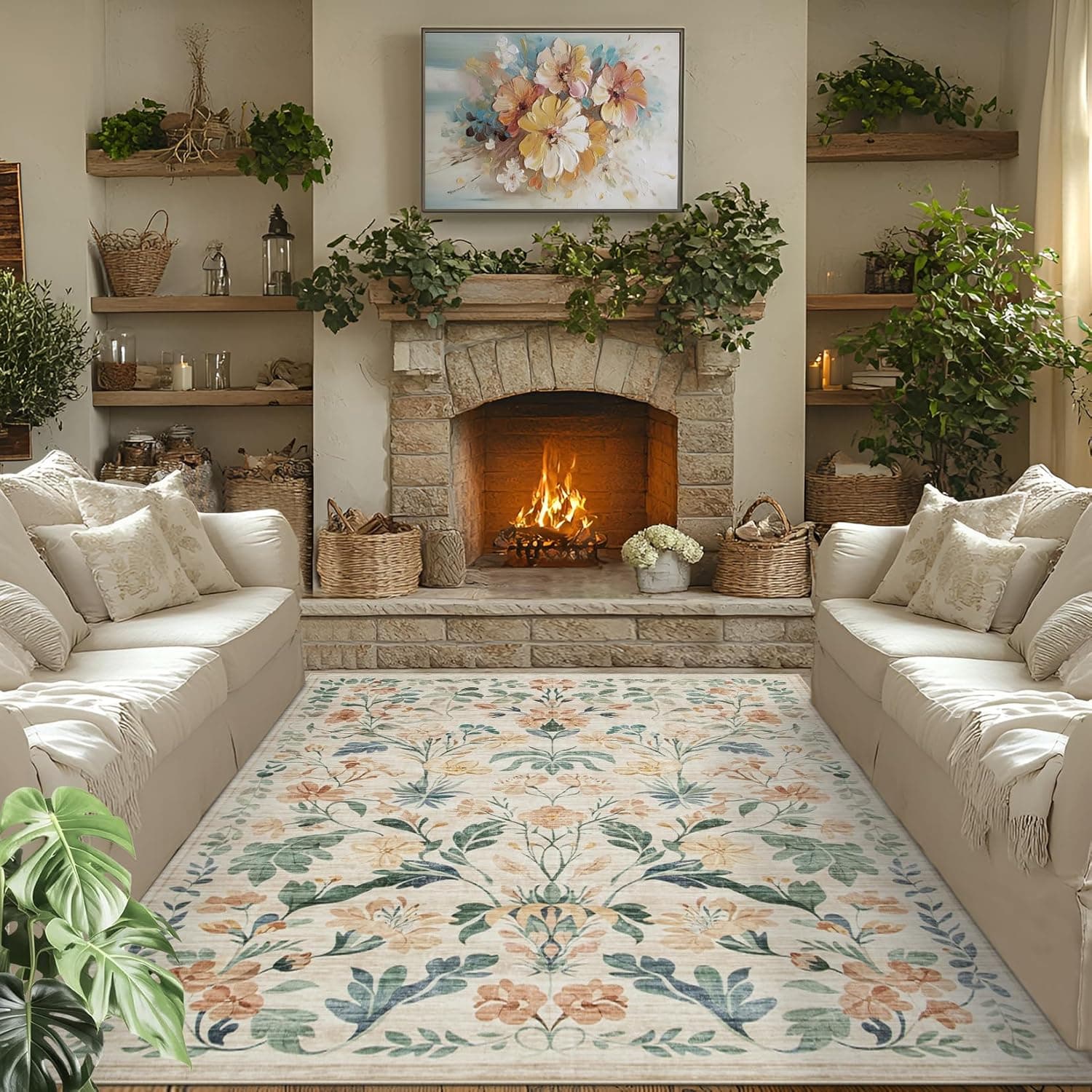 6x9 Area Rugs Washable Rug: Lagre Boho Living Room Rug Soft Anti-Skid Thin Carpet Indoor Floor Non-Shedding Neutral Floral Carpets for Bedroom Dining Room Farmhouse Nursery Beige