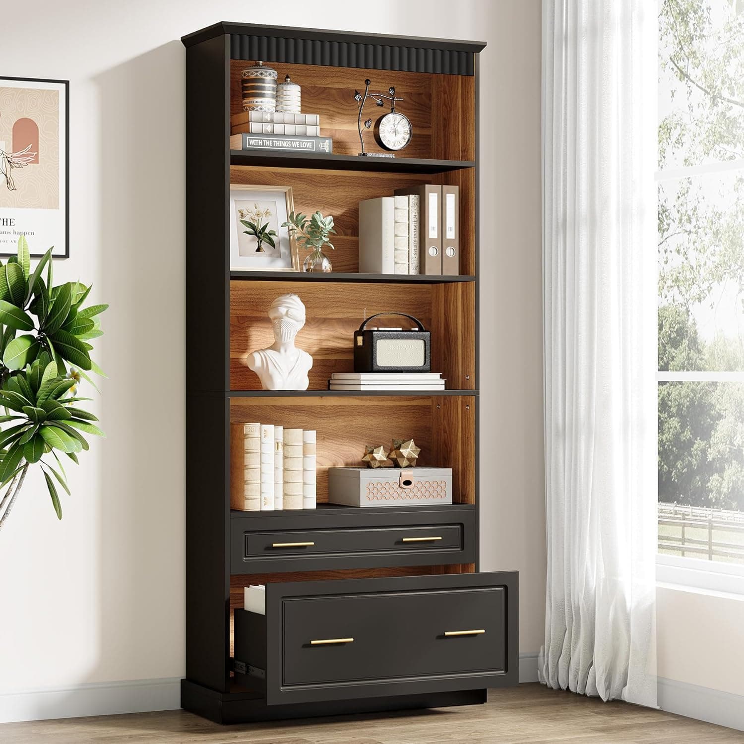 Tribesigns 5-Shelf Bookcase with File Cabinet Drawer, 72" Tall Bookshelf, Modern Free-Standing Wood Bookcase, Large Open Display Storage Book Shelf for Living Room (1, Black)