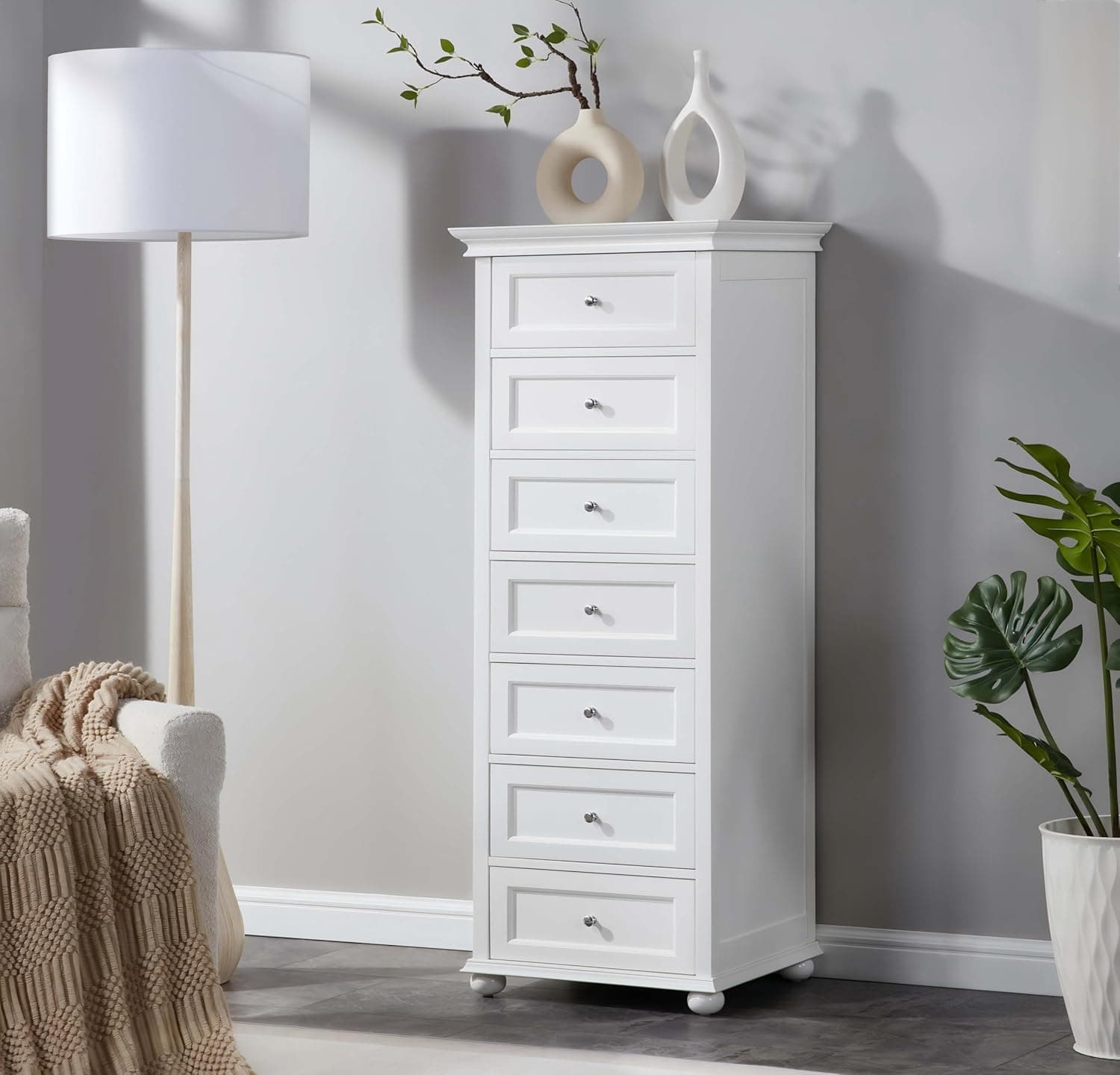 Tall White Dresser for Bedroom with 7 Drawers, 52" Tall Chest of Drawers Modern Wooden Lingerie Chest with Crown Molding and Solid Wood Ball Legs, Anti-0xidation Zinc Alloy Knob(White)