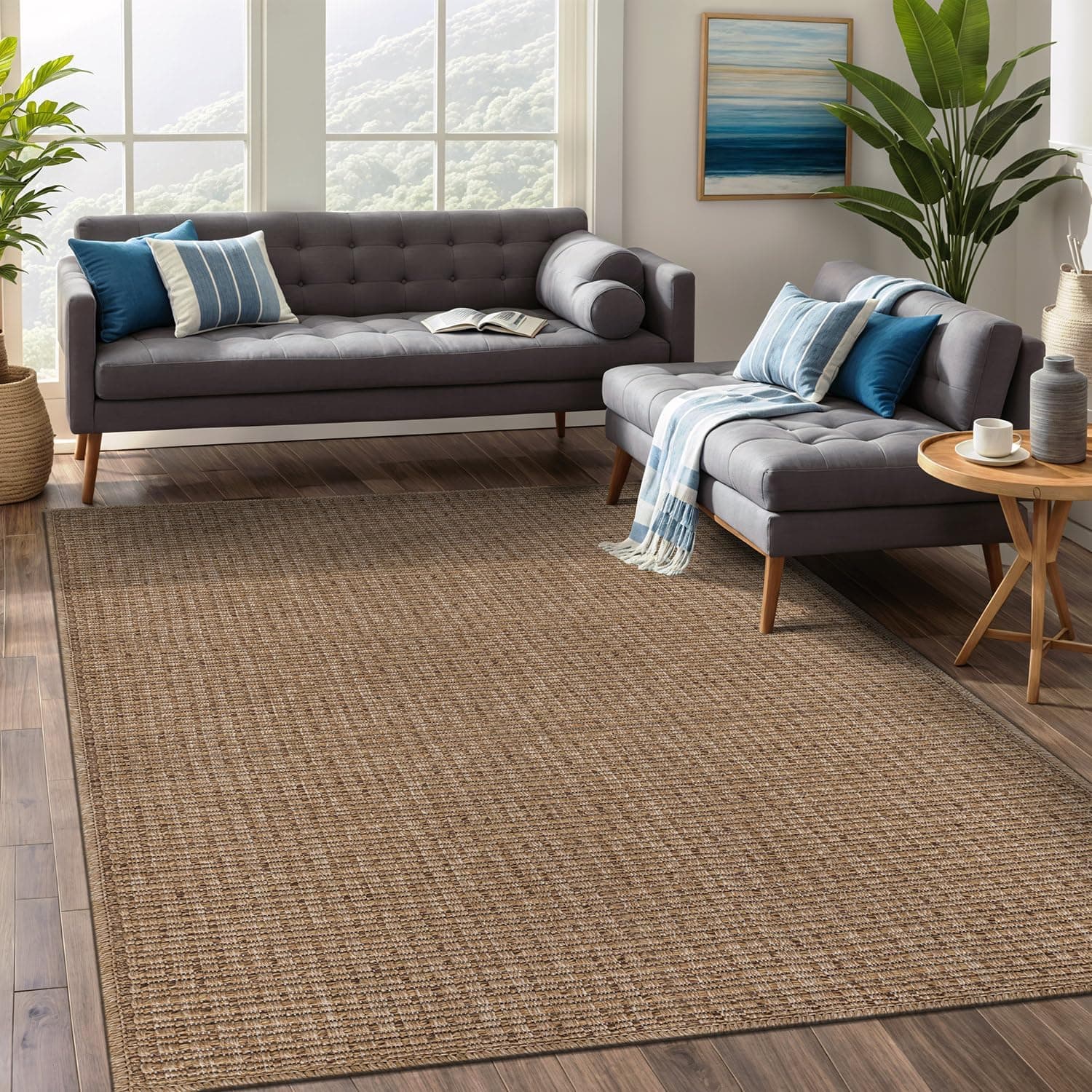 Beverly Rug Easy Jute Natural Rug 5x7 Solid Washable Durable Outdoor Indoor Area Rugs for Living Dining Room Patio Office Stain Resistant Non Shedding Casual Indoor Outside Carpet (5 x 7 Natural)