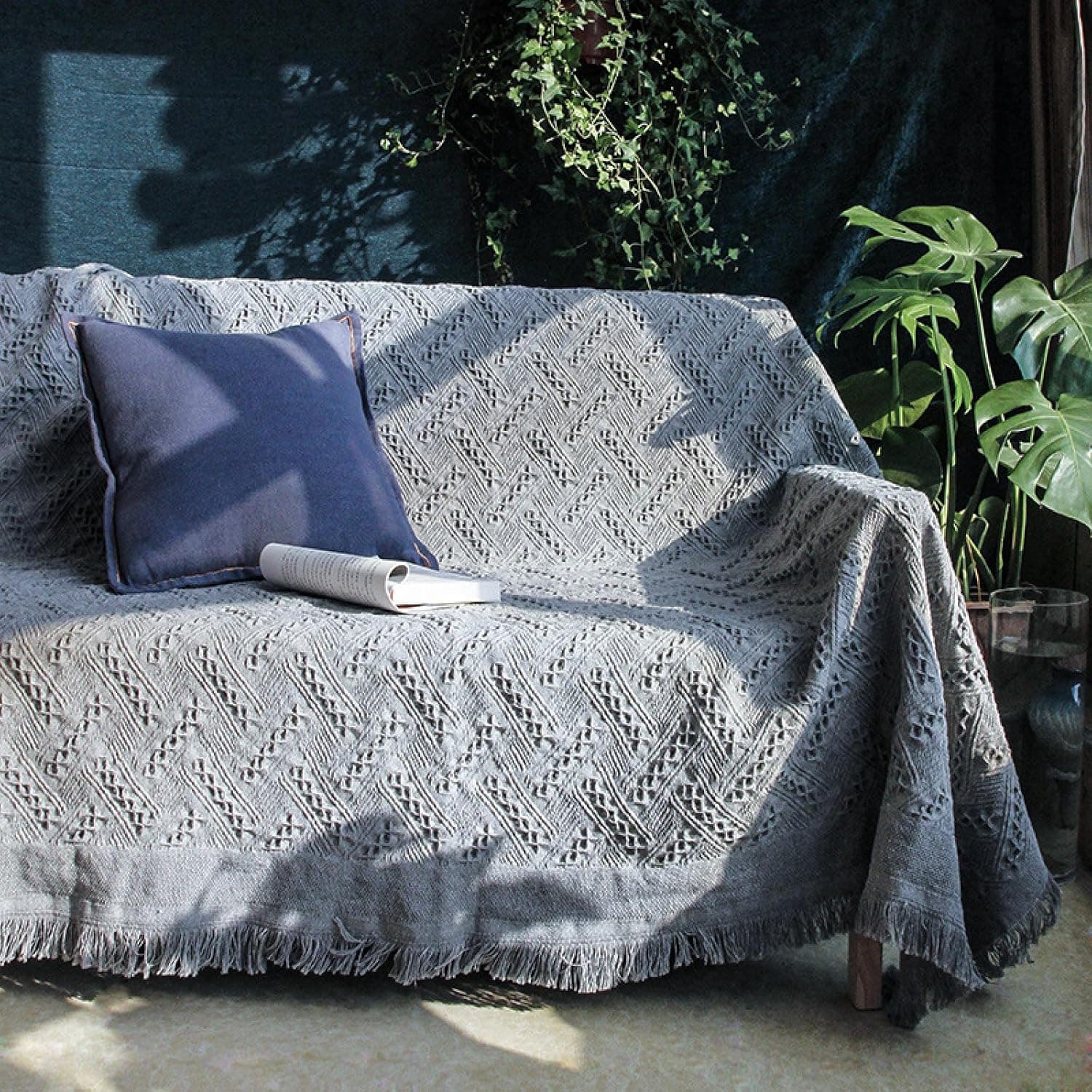 Homcosan Sofa Slipcovers Towel Cover Cotton Knit Geometrical Couch Cover for 4 Seat Cushion Couch Furniture Pet Protector Stylish Throws for Sectional Couch(Grey, Sofa-4 Seater)