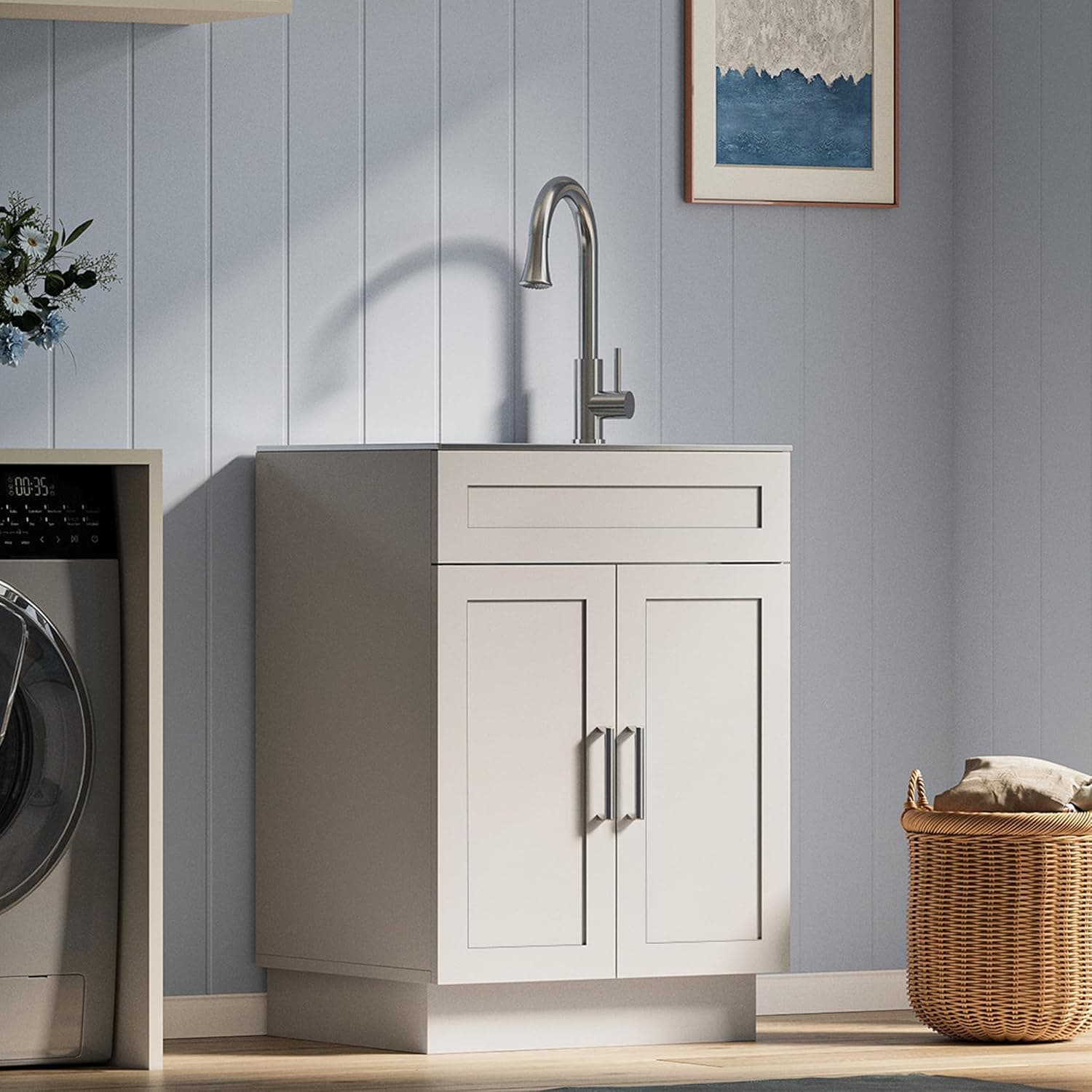 ANCTOR 24 Inch Laundry Sink with Cabinet, Stainless Steel Utility Sink Cabinet with Pull-Out Hot/Cold Faucet Metal Hooks Freestanding Deep Utility Sink for Laundry Utility Room Kitchen Garage
