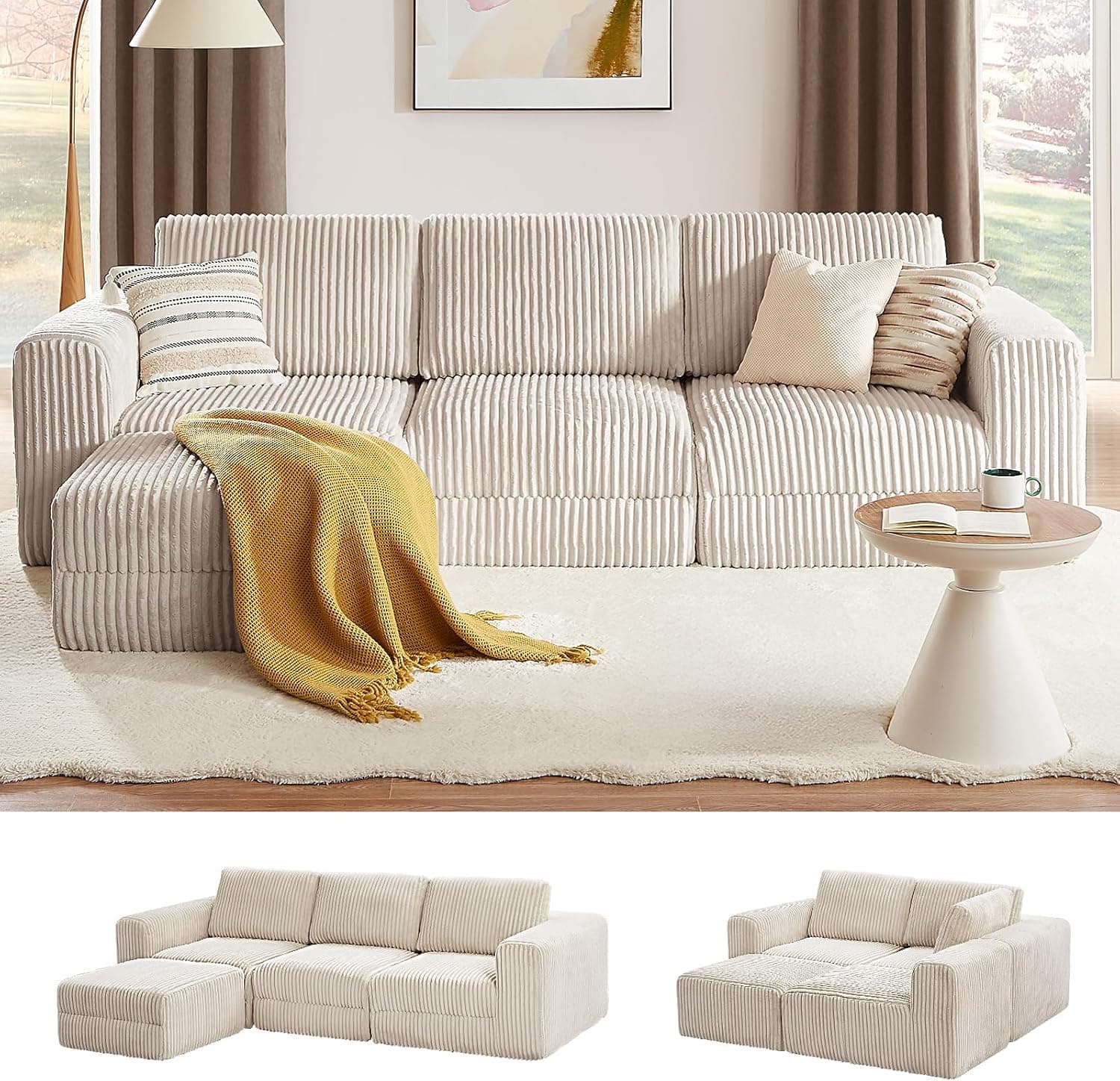 110" Modular Sectional Sofa, L Shaped Couch 4 Seater with Sleeper Chaise, Sectional Couch with Deep Seat,Upholstered Corduroy Cloud Couches for Living Room,Bedroom,No Assembly Required,Beige