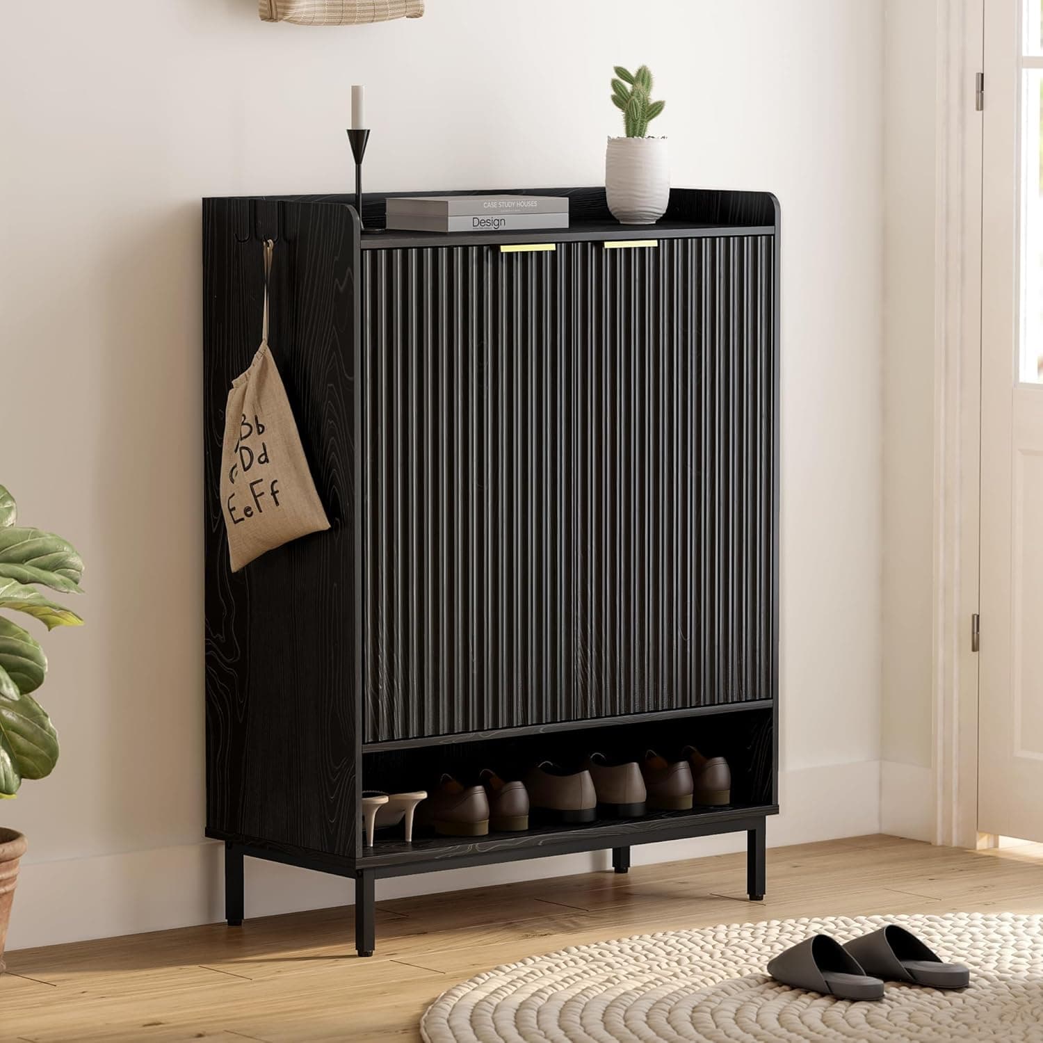 Fluted Shoe Cabinet with Doors, Large Wooden Shoe Storage Cabinet with Hanging Rod, Modern Tall Freestanding Shoe Rack Organizer for Entryway, Hallway Black