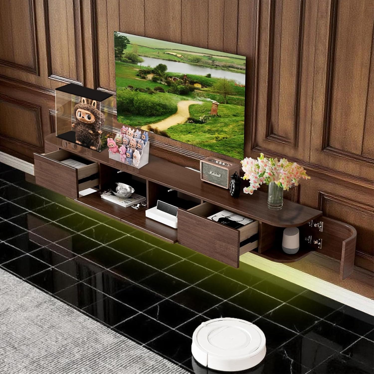 Solid Wood Floating TV Cabinet with Drawers,Under tv Cabinet Wall Unit with Light Floating TV Stand 94.4" for Bedroom,Study, Living, Dining Room, Gaming Room