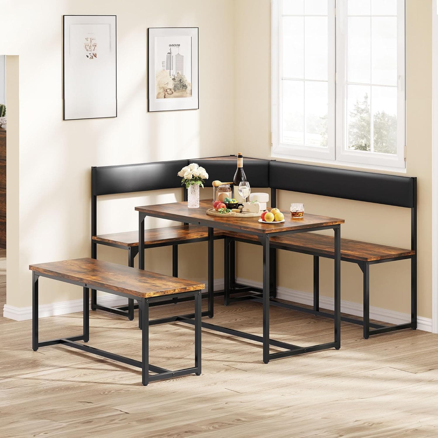 DWVO 3-Piece Dining Table Set for 4-6 People 47.2" Corner Dining Room Table with Left Seat Corner Bench and 43.3" Bench Brown Industrial Kitchen Table for Breakfast Nook Kitchen Living Room Restaurant