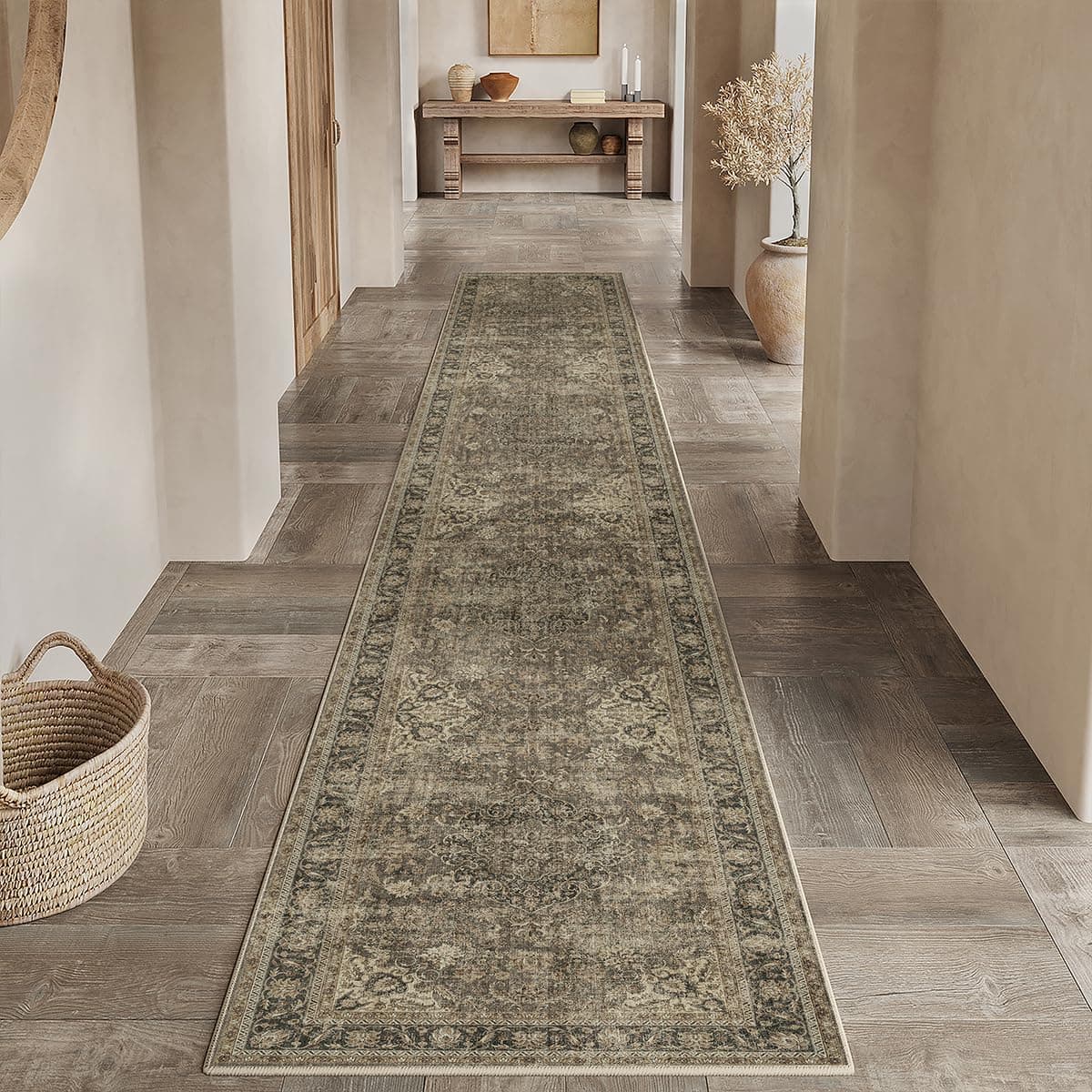 2x10 Washable Brown Vintage Runner Rug for Kitchen Hallway Non-Slip Low Pile Soft Thin Carpet Traditional Retro Distressed Accent Throw Rug for Entryway Bathroom Indoor Bedroom