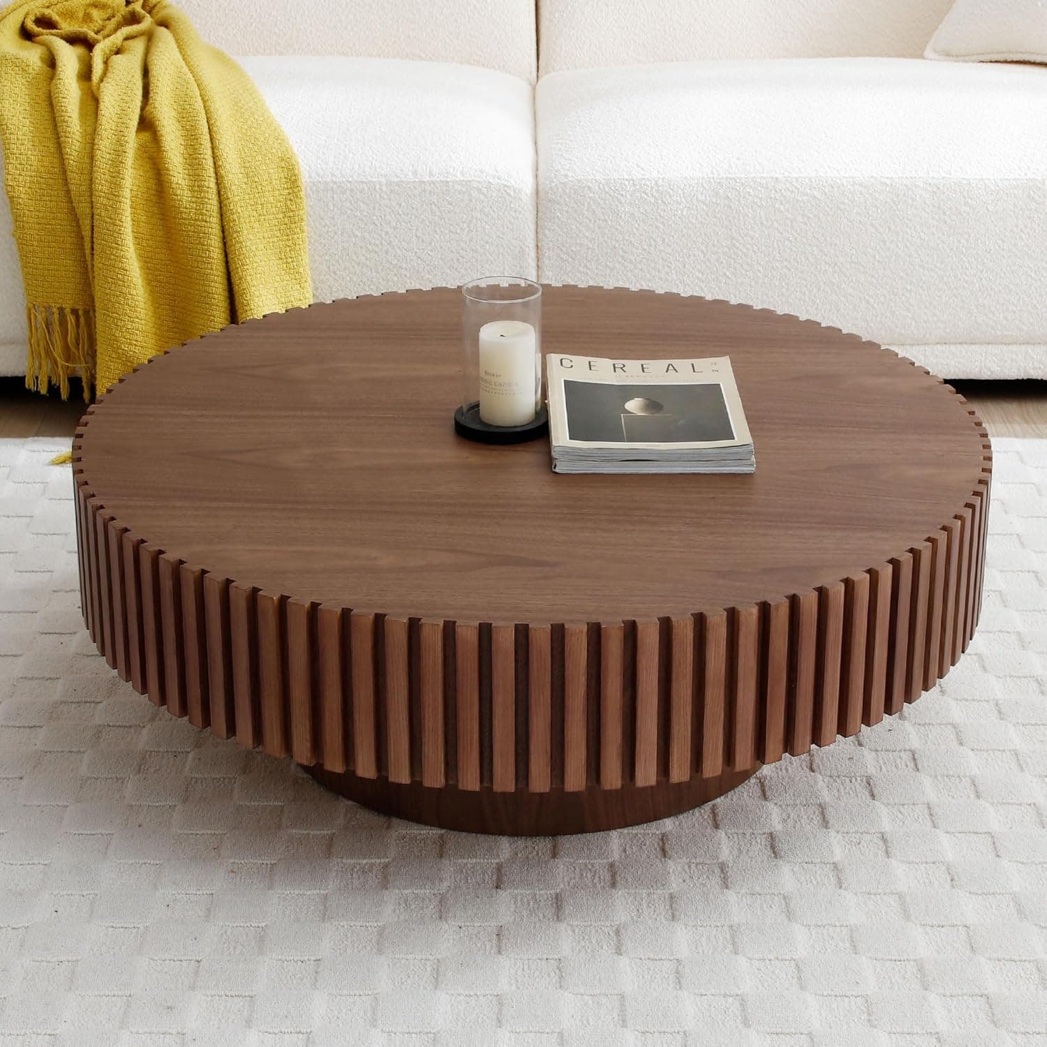 Walnut Round Coffee Table for Living Room Contemporary Circle Wood Coffee Table with Pedestal, Easy Assembly ø31.49'',