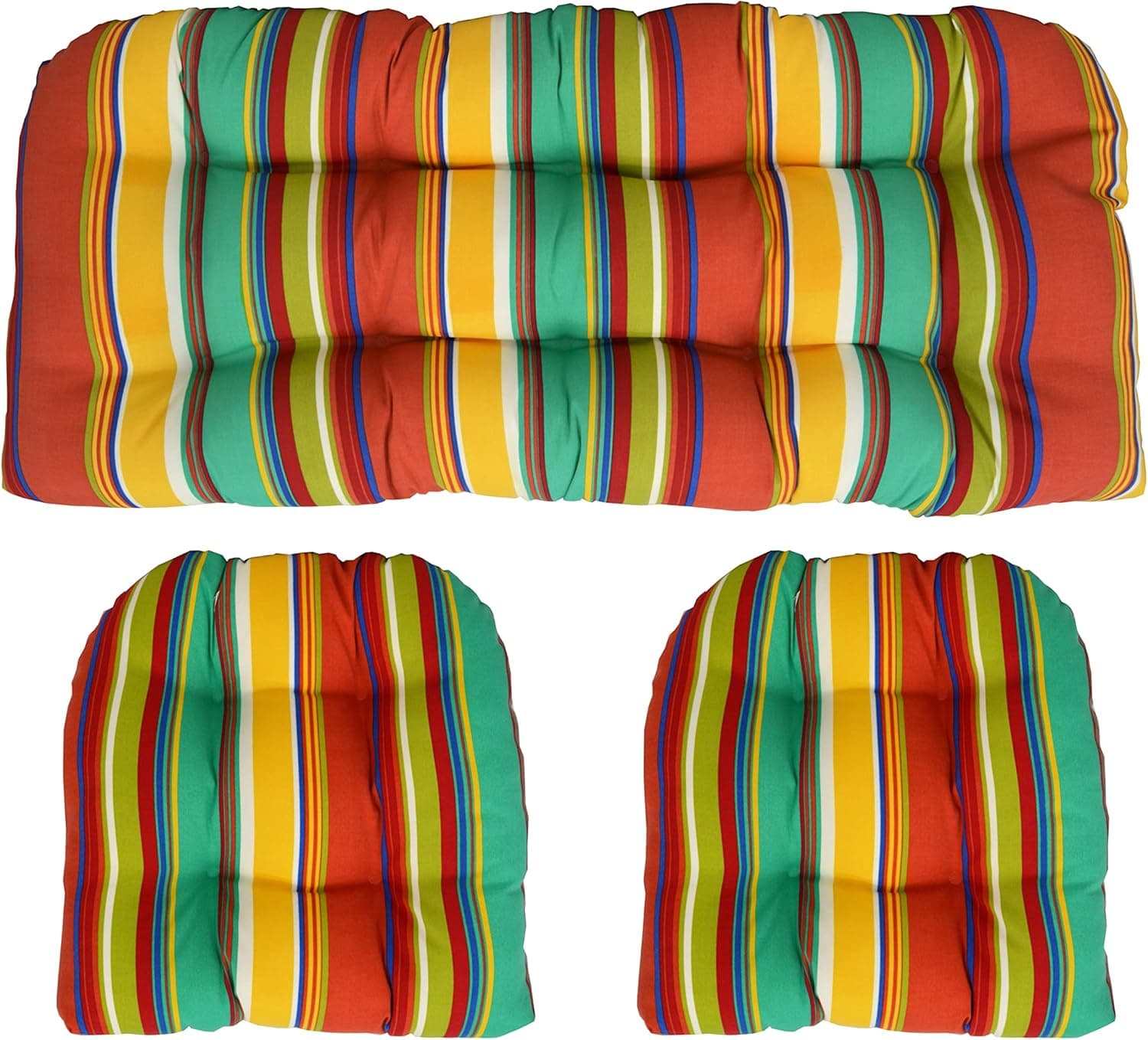 RSH DECOR: 3-Piece Wicker Tufted Cushion Set | 41” x 19" & 19" x 19" | All-Weather Spun Fabric | Water Resistant | Outdoor Loveseat & U-Shape Cushions for Patio Furniture | Bright Colorful Stripe